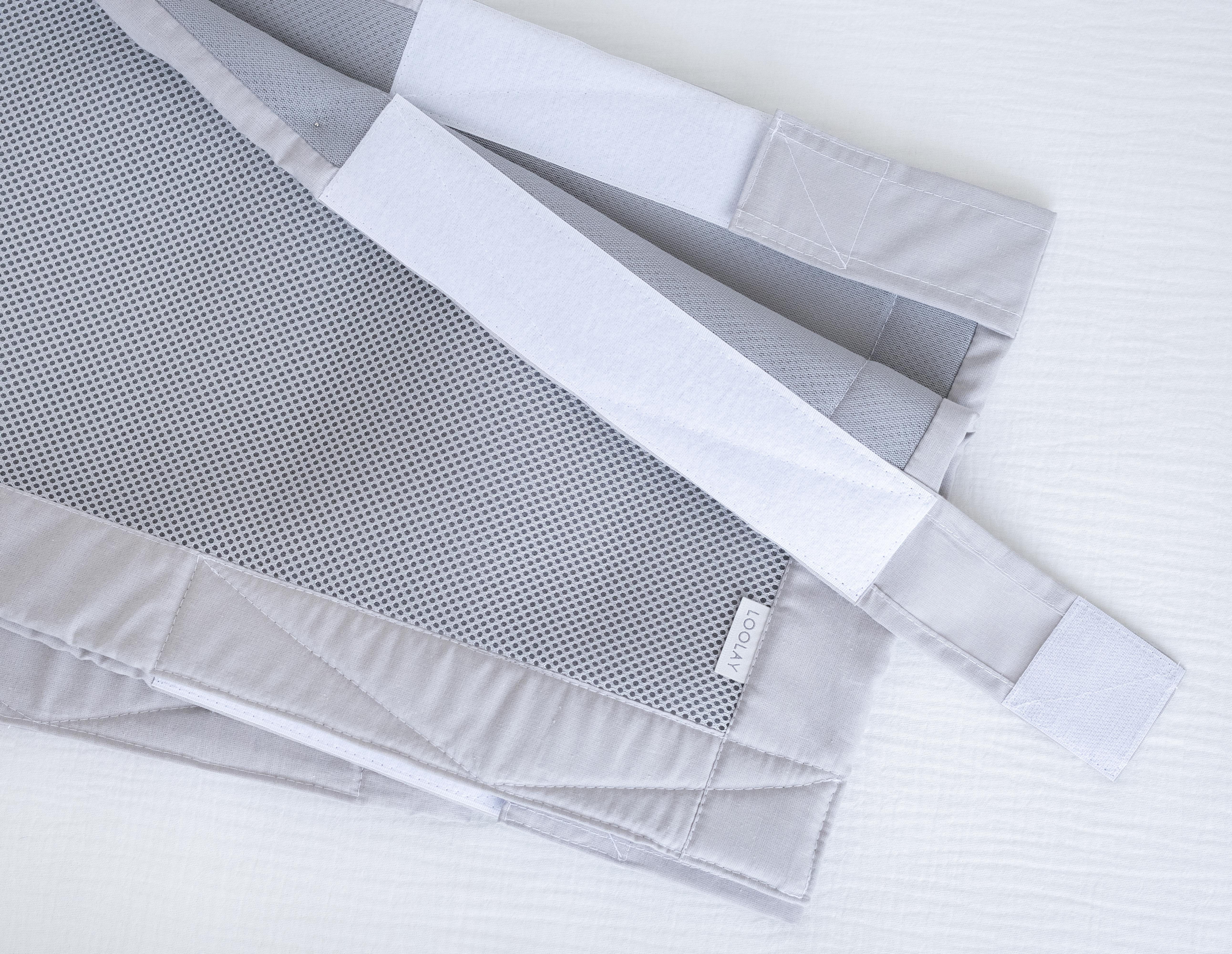 Loolay Bettnestchen GRAU Mesh Bettumrandung atmungsaktiv für 120x60 140x70 cm Babybett, (luftdurchlässig, formstabil, elegant Netz Bett Schutz, 2-tlg. Babybett Umrandung aus 5 mm Mesh mit Klettverschluss), Scandi Look und Neutral Style fürs Kinderzimmer