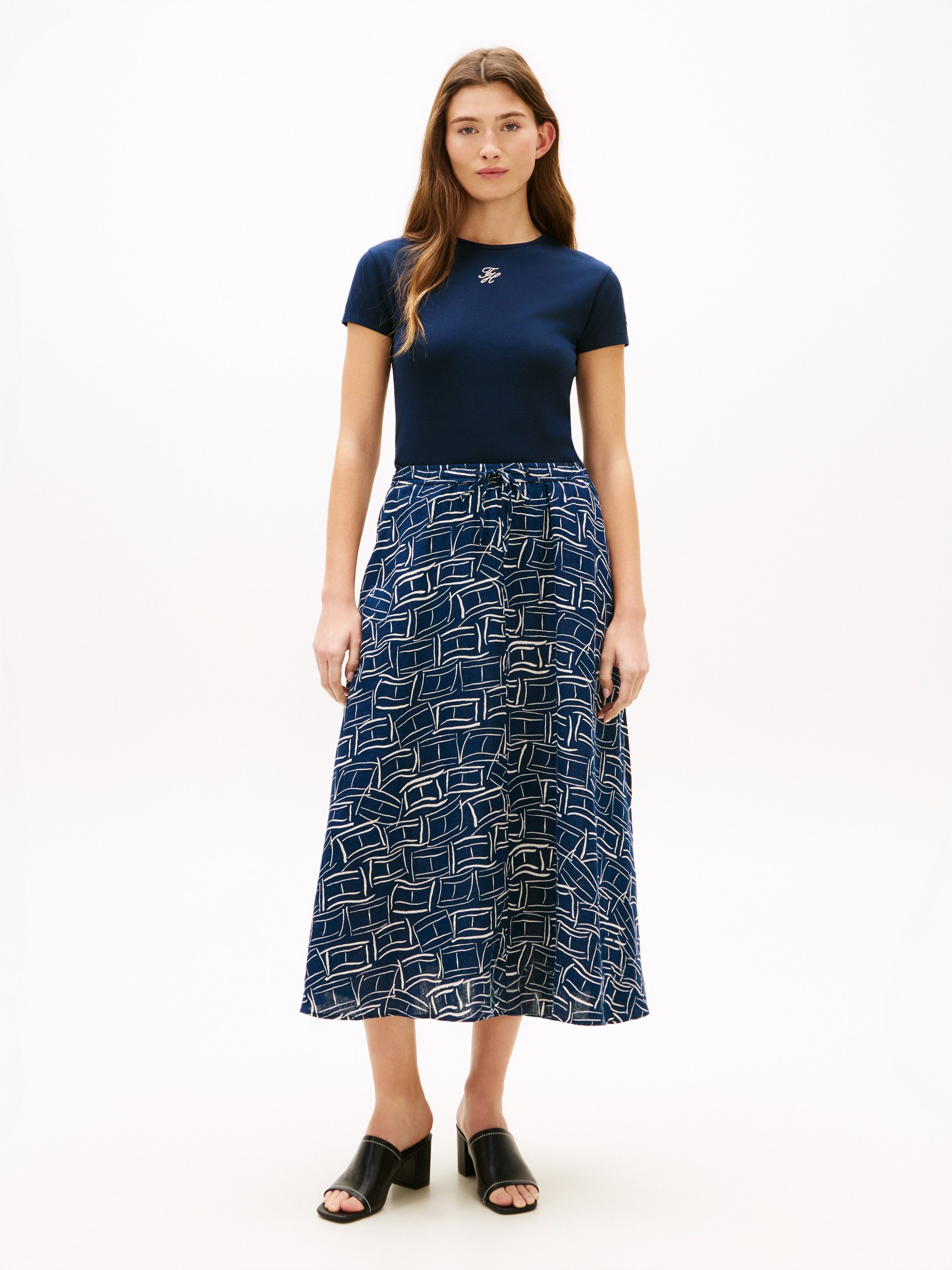 Tommy Hilfiger A-Linien-Rock ESS LINEN FLARE MIDI SKIRT mit Allover-Print