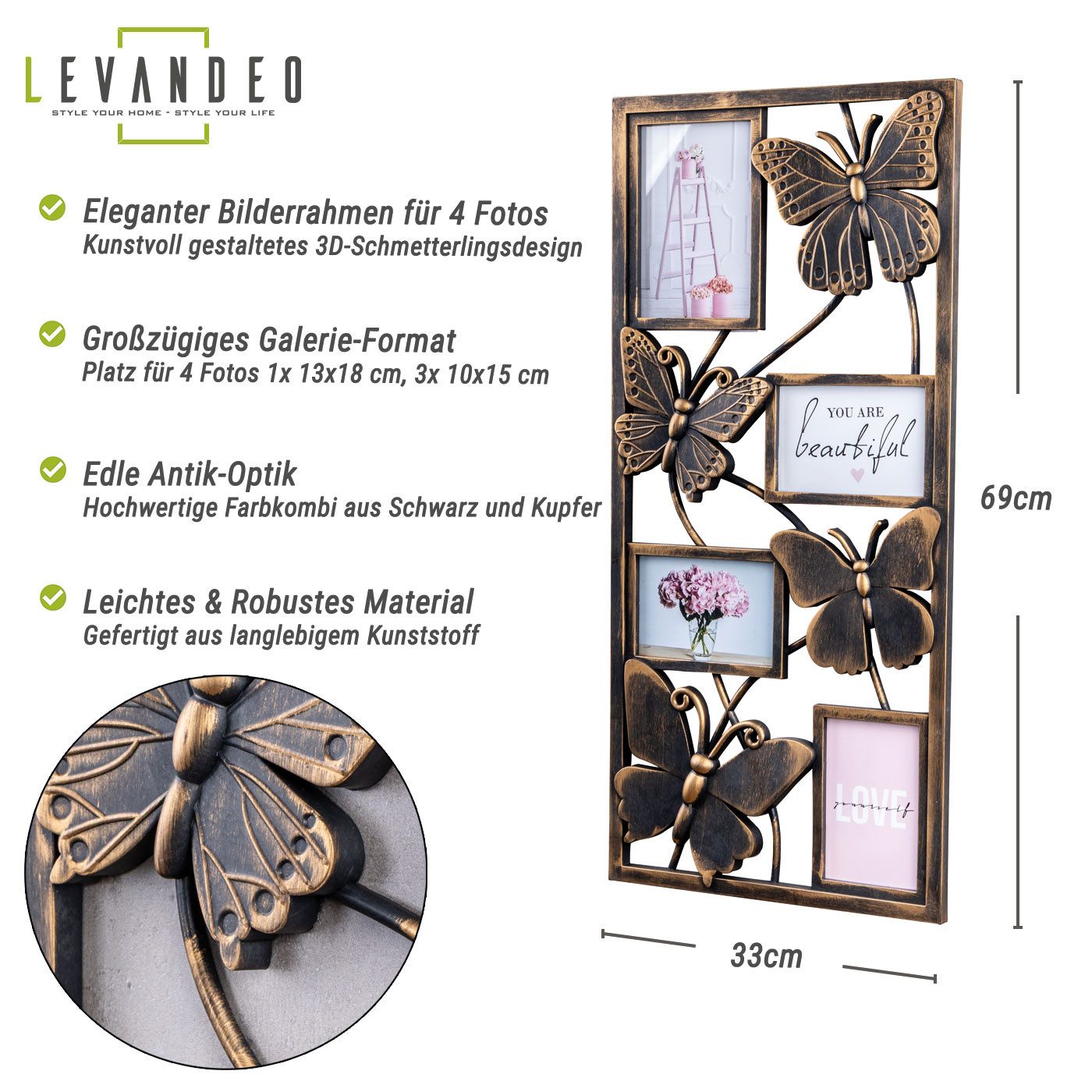 Levandeo® Bilderrahmen Collage, Bilderrahmen 4 Fotos 10x15 13x18 Kupfer Schwarz Schmetterling