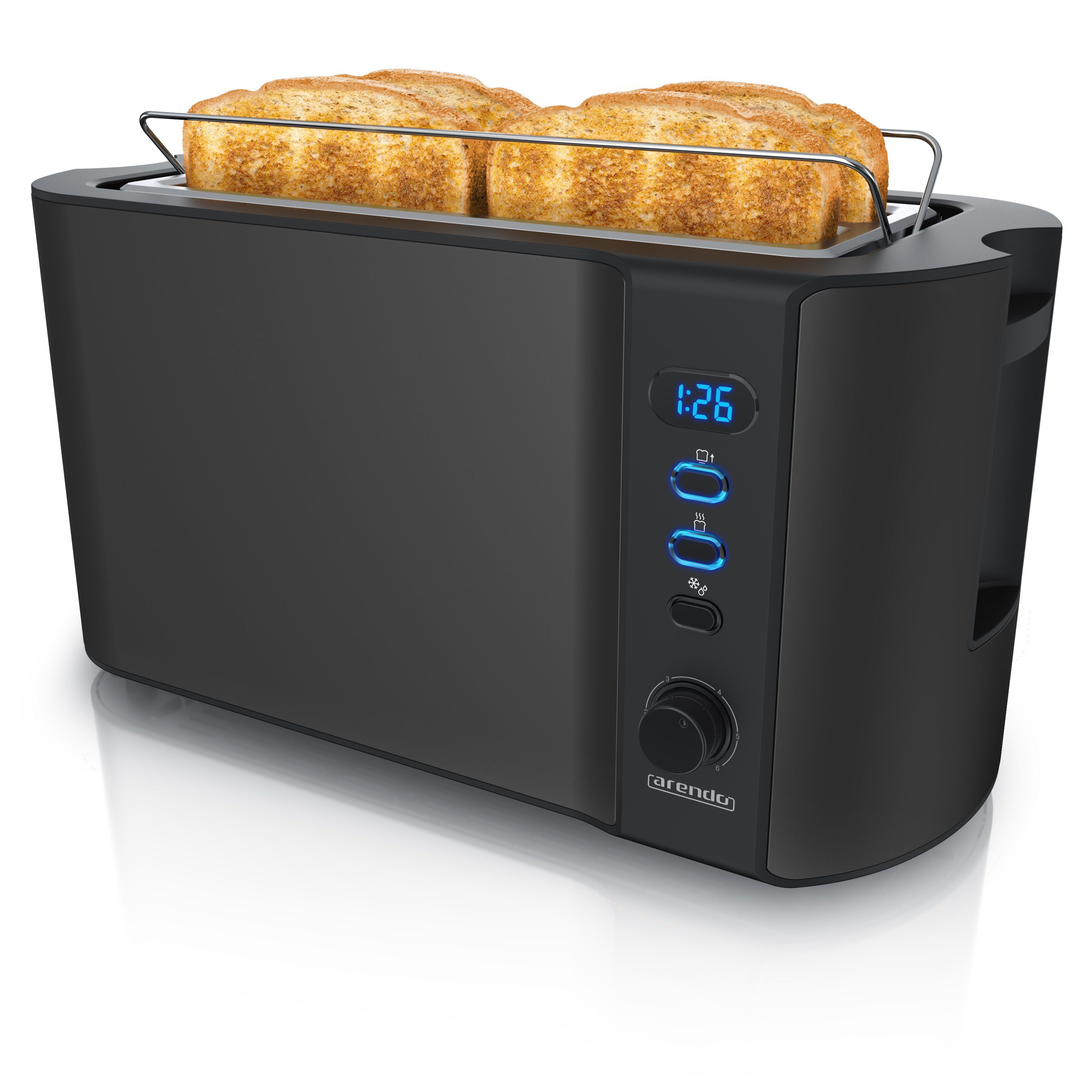 Arendo Toaster, 2 lange Schlitze, für 4 Scheiben, 1500 W, Langschlitz, Brötchenaufsatz, Wärmeisolierendes Gehäuse, Display schwarz matt