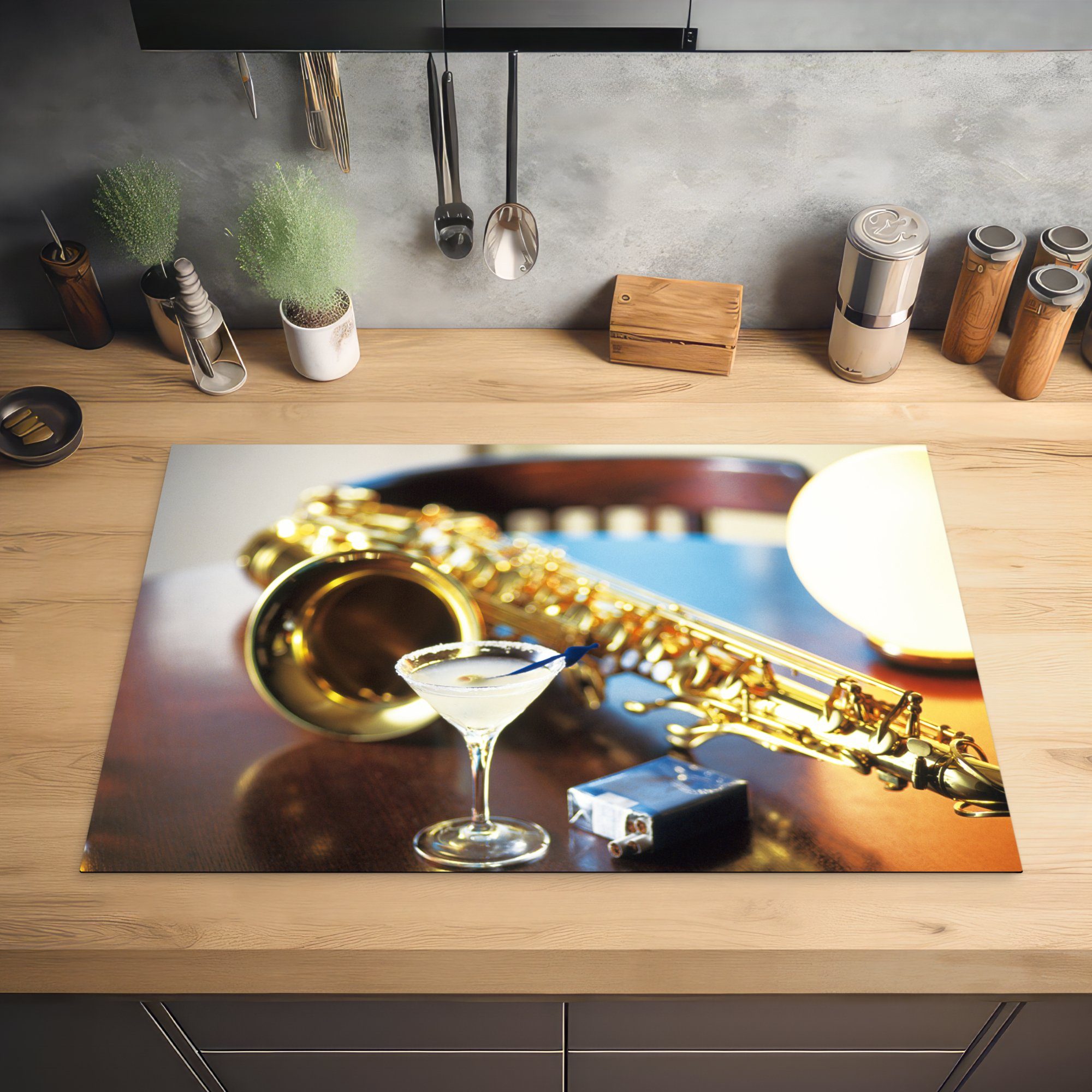 Saxophon für die Vinyl, Schutz MuchoWow Ceranfeldabdeckung tlg), küche, auf Herdblende-/Abdeckplatte (1 Induktionskochfeld cm, Tisch, dem 81x52
