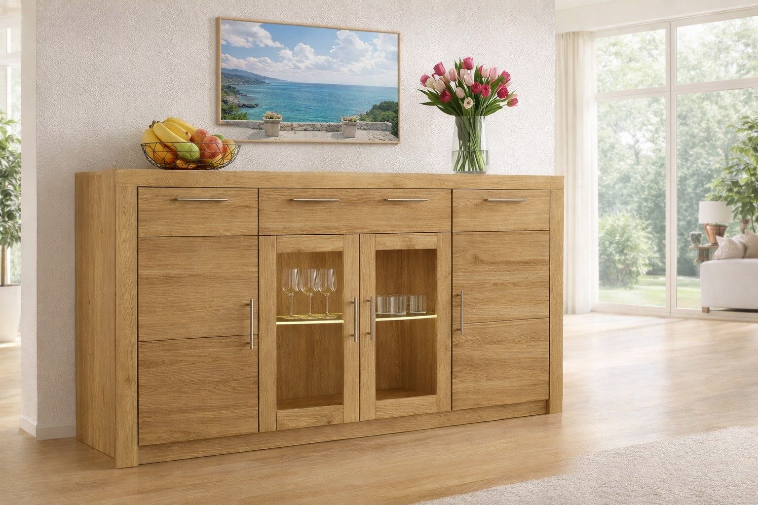 bv-vertrieb Anrichte Highboard Metallgriffe-u. Scharniere Kommode Sideboard Wildeiche #4049