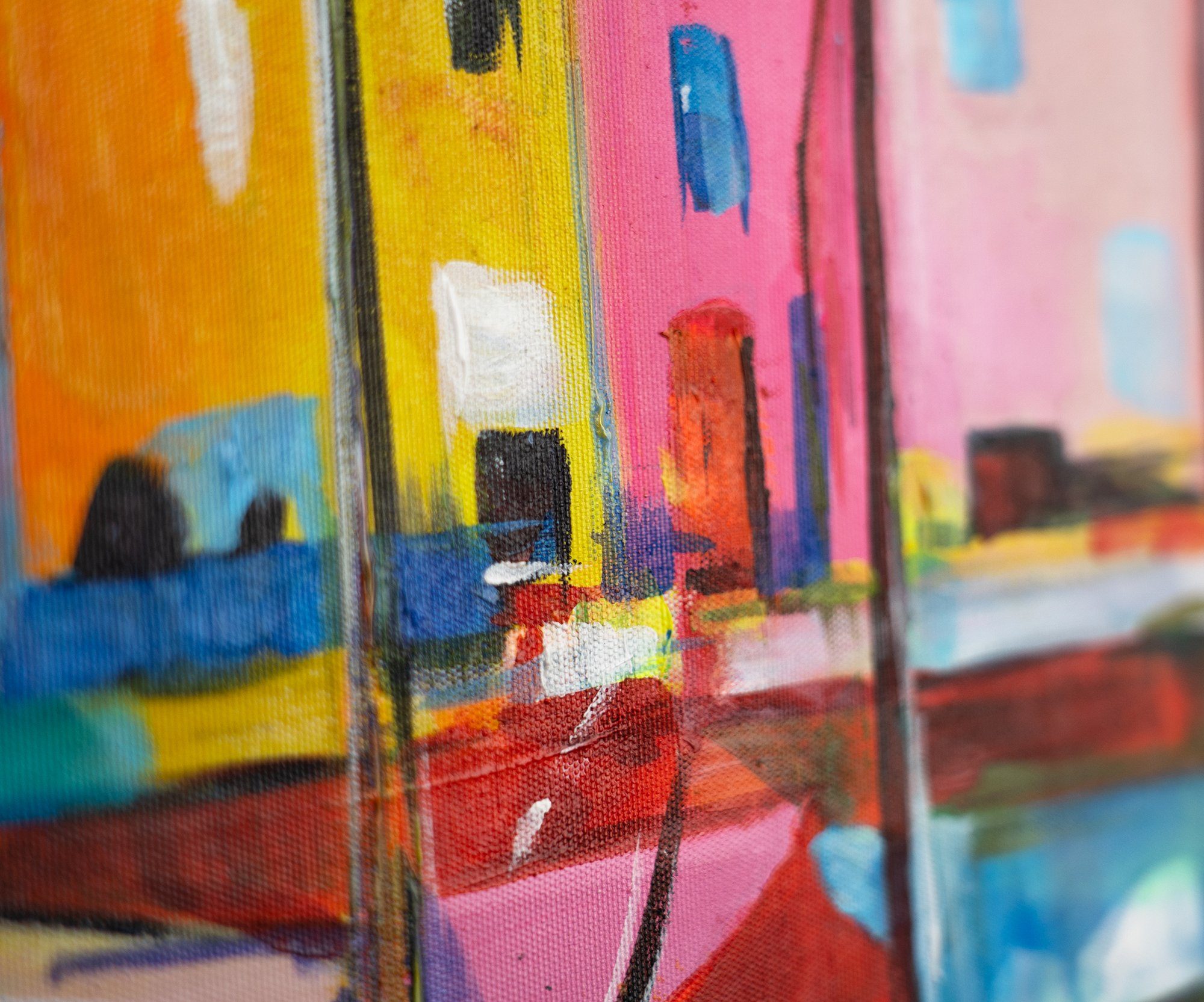 YS-Art Gemälde Lebhafter Hafen, Meer Gelb in Rahmen Mit
