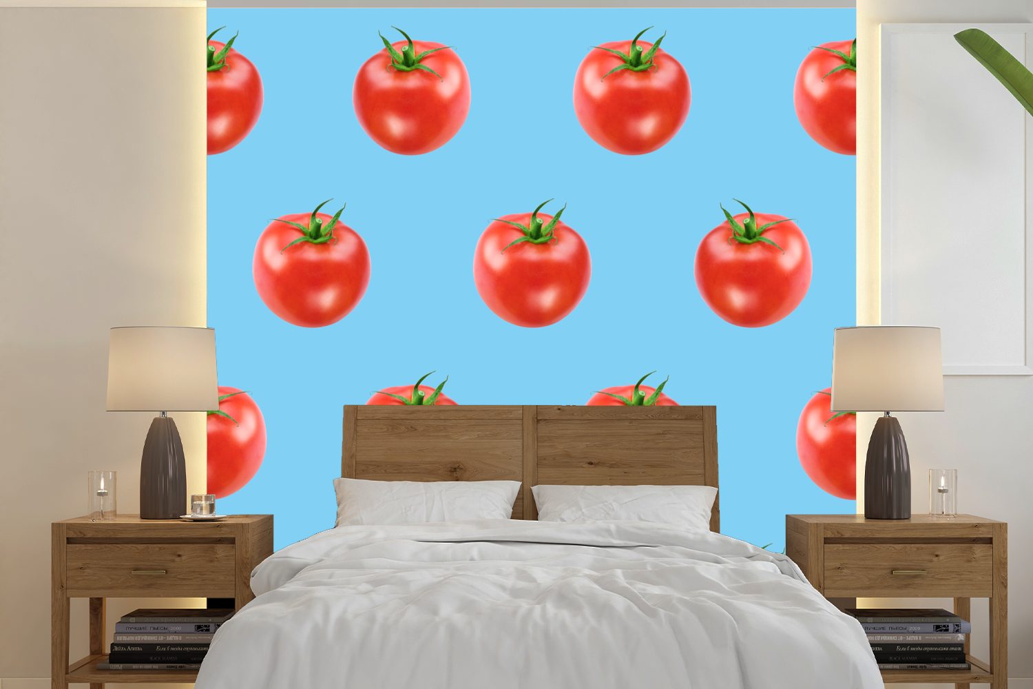 MuchoWow Fototapete Tomate - Muster - Blau, Matt, bedruckt, (5 St), Vinyl Tapete für Wohnzimmer oder Schlafzimmer, Wandtapete