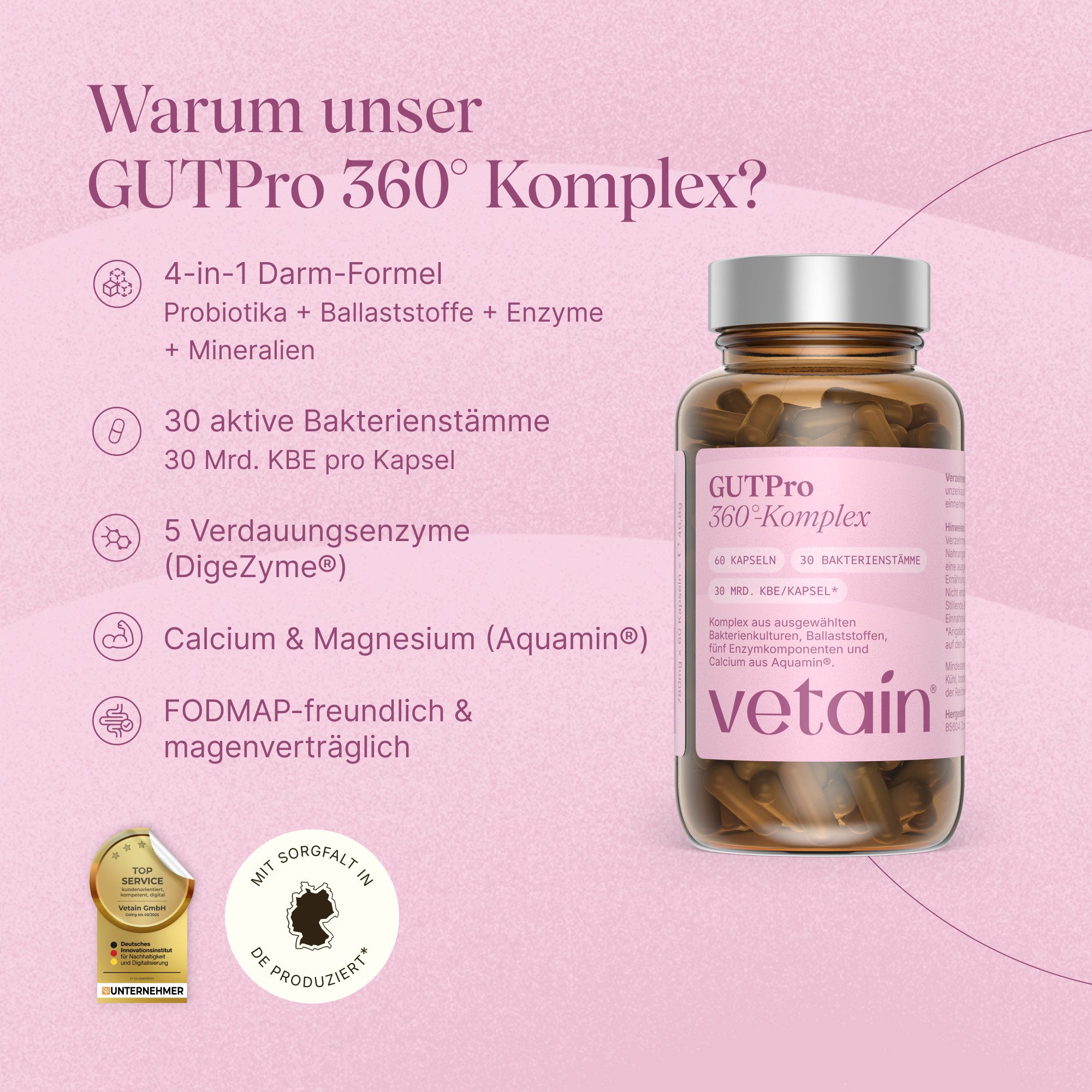 VETAIN GUTPro 360° für Darm – 30 Bakterienstämme & 30 Mrd. KBE - ohne Inulin Kapseln, 60 St., DigeZyme® Enzyme, Calcium & Magnesium, FODMAP-freundlich