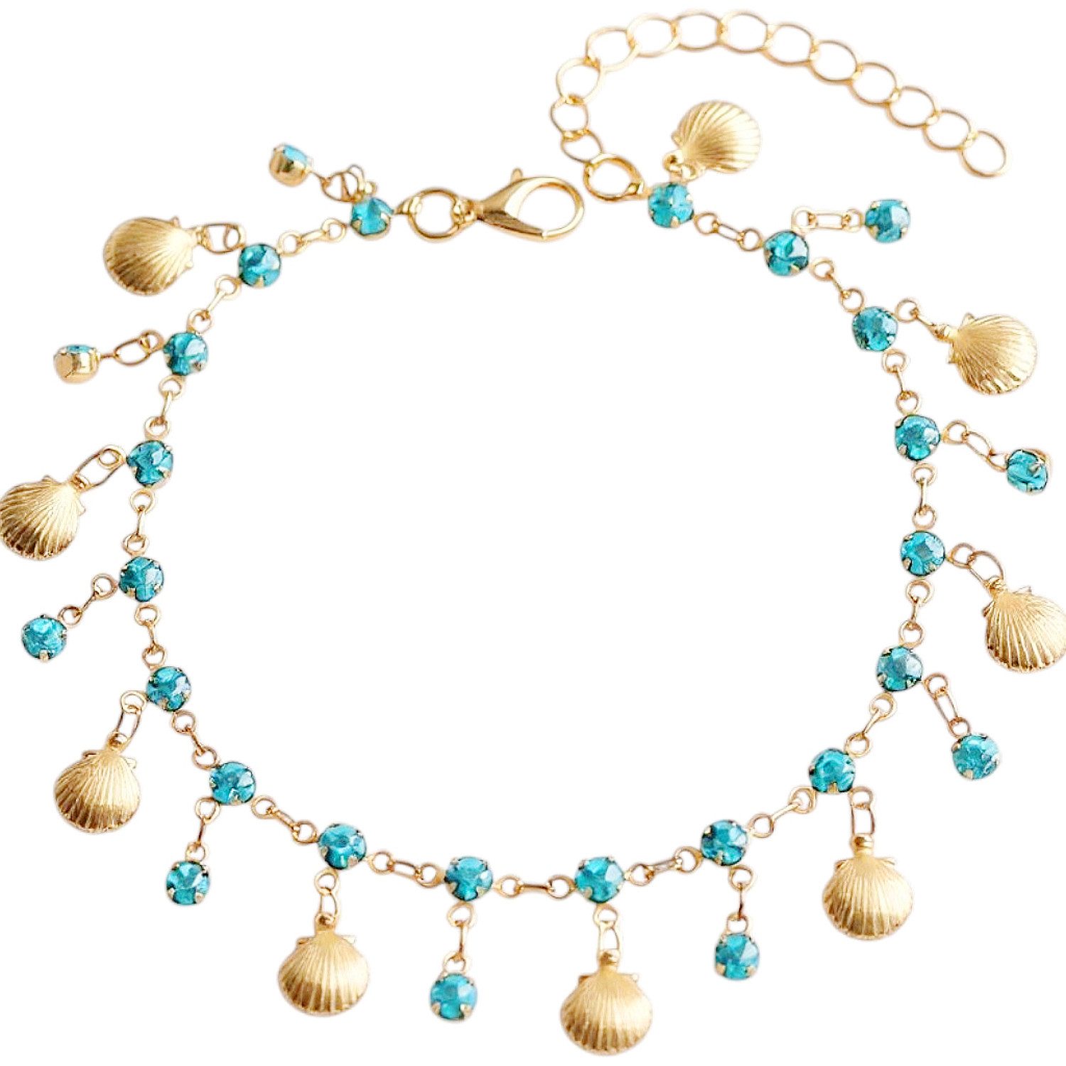 KARMA Fußkette mit Anhänger Gold Türkis Kristalle 21 cm Metall modern filigranes Fußkettchen (1-tlg., Abendmode Sommerschmuck), Fußschmuck Urlaub Strand