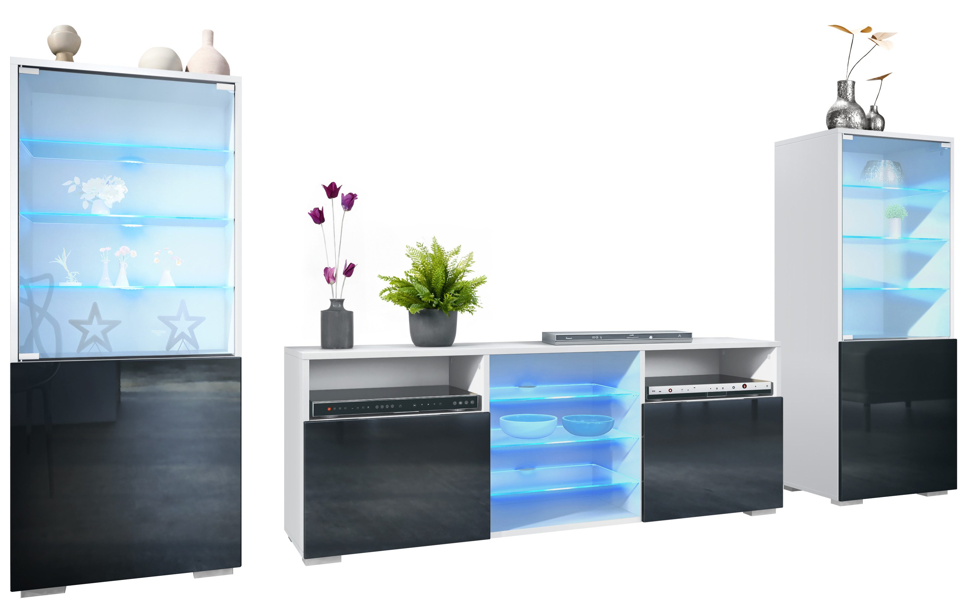 Vladon Wohnwand Granada, (Anbauwand, bestehend aus 2 Vitrinen, 1 TV-Board und LED-Beleuchtung), Weiß matt/Schwarz Hochglanz (286 x 122,5 x 35 cm)