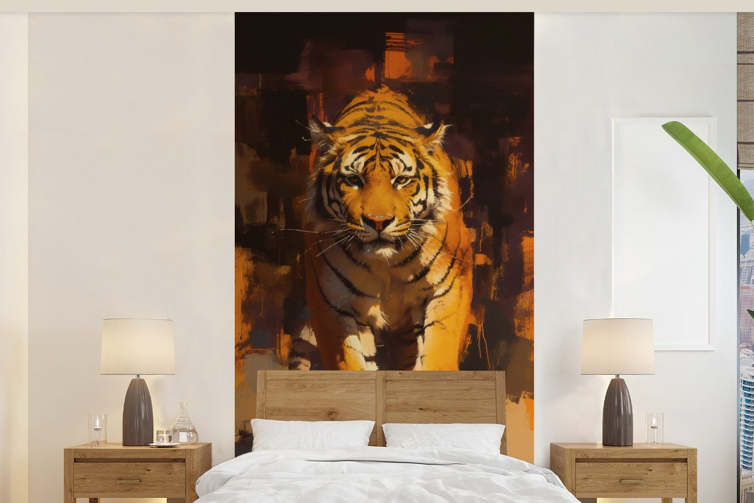 MuchoWow Fototapete Tiger - Gemalt - Orange - Pinselstriche, Matt, bedruckt, Vliestapete für Wohnzimmer Schlafzimmer Küche, Fototapete, 120x240 cm