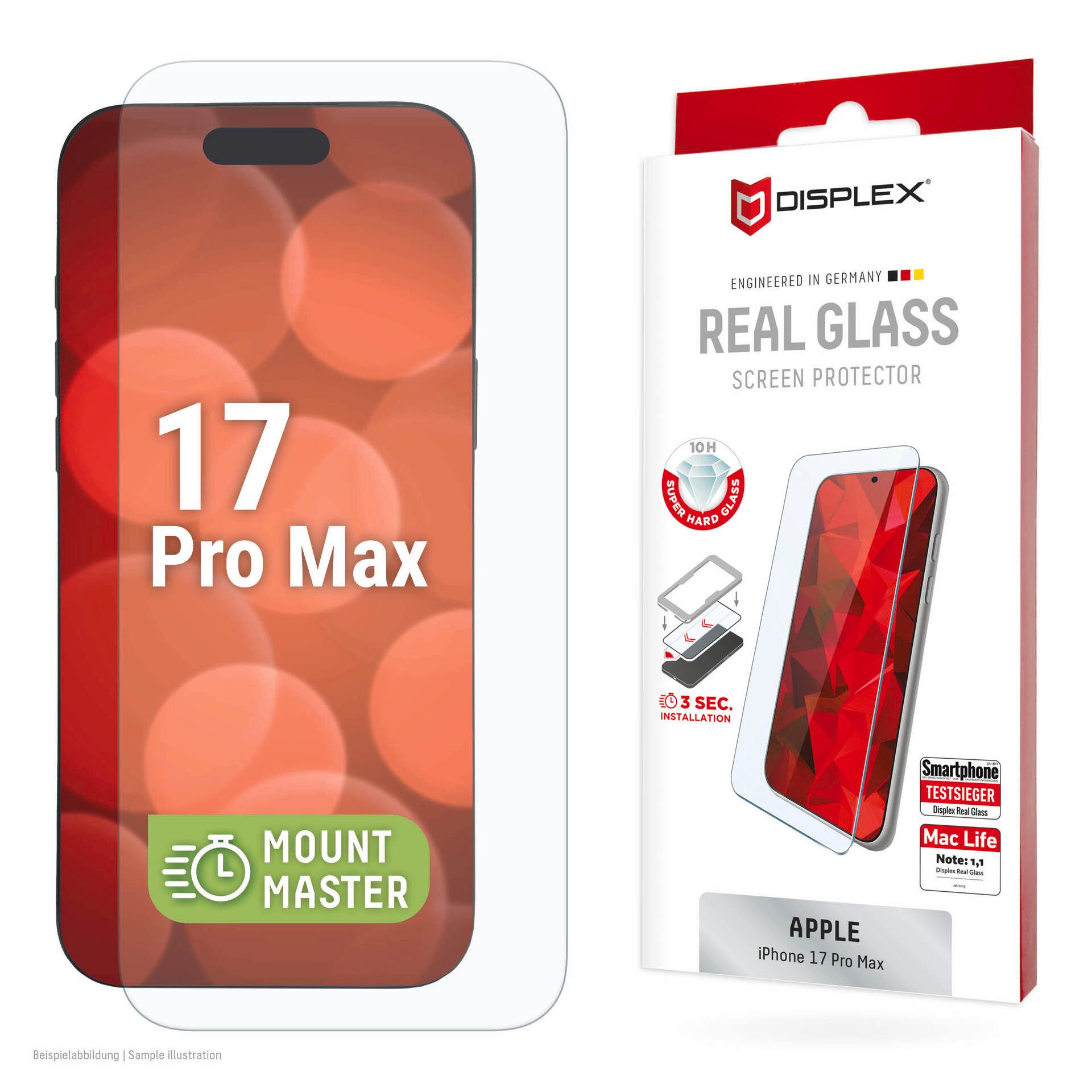 Displex Displayschutzglas Real Glass Screen Protector mit EASY-ON MountMaster für Apple iPhone 17 Pro Max, Displayschutzfolie, Schutzfolie, Bildschirmschutz, kratz- & stoßfest