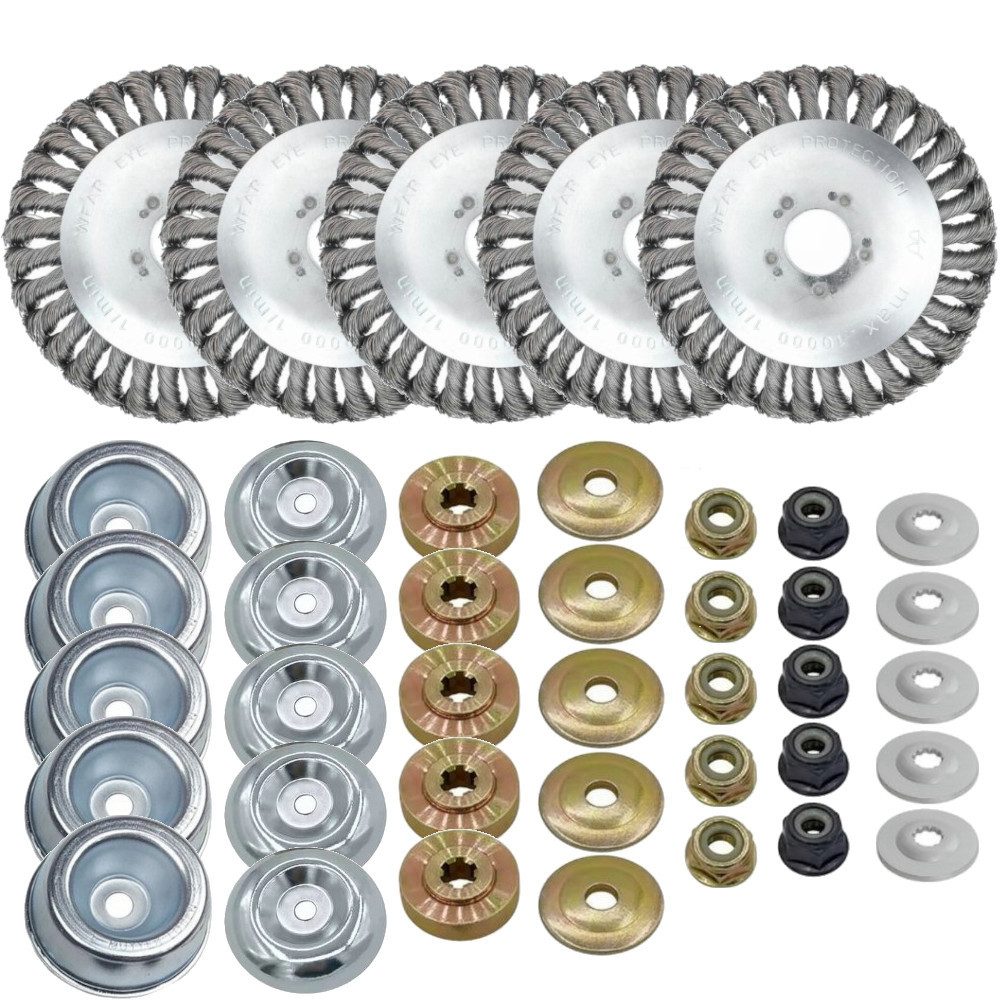 Trade-Shop Drahtbürste 5x Unkrautbürste 150mm für Worx, Black & Decker, Husqvarna Motorsense, passend für Stihl FS-55 FS-56 FS-80 FS-85 FS-90R FS-100 F-108, Stahldraht-Bürstenkopf mit Muttern (M10/M12), Scheiben, Schutzhülle
