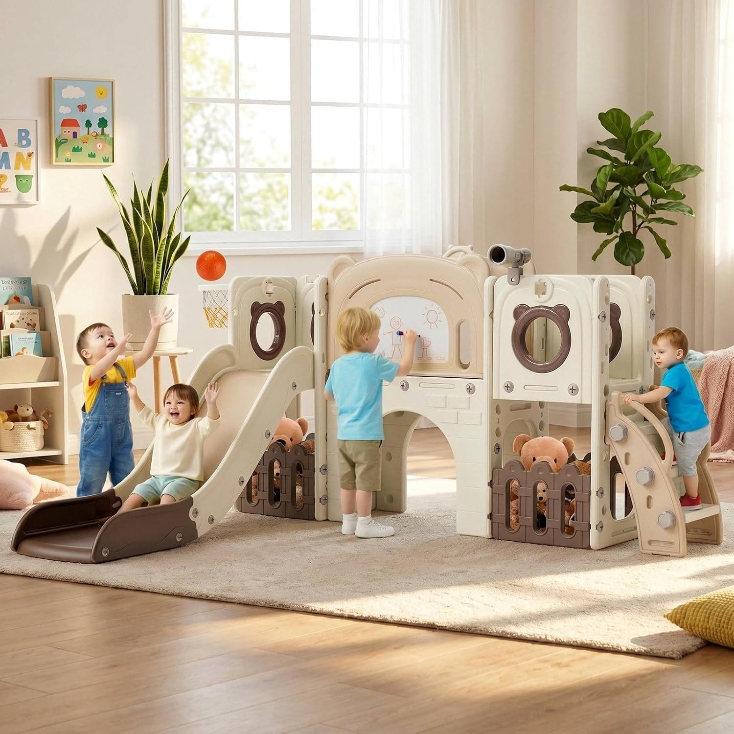 TLGREEN Rutsche Kletterspielzeug für Kinder Indoor Outdoor, (10-in-1 Klettergerüst mit Rutsche, Basketballkorb & Maltafel – Tragkraft 60kg), Sicher & Stabil für Garten, Wohnzimmer, Kindergarten