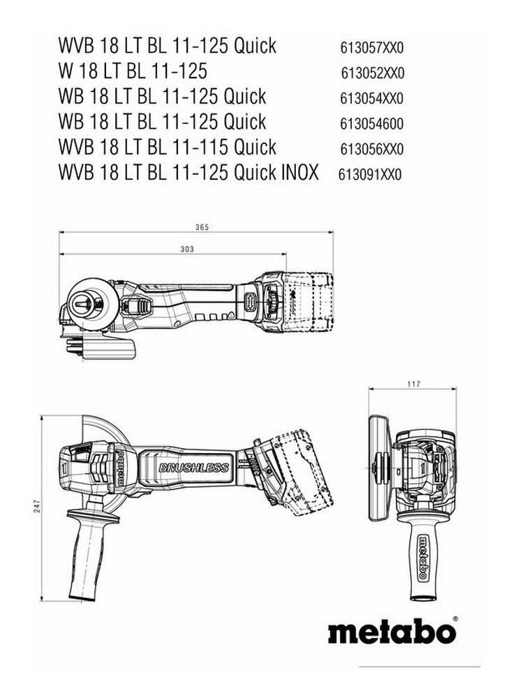 metabo Akku-Winkelschleifer WB 18 LT BL 11-125 Quick, max. 10000 U/min, 2 x 5,2 Ah Li-Ion im Karton