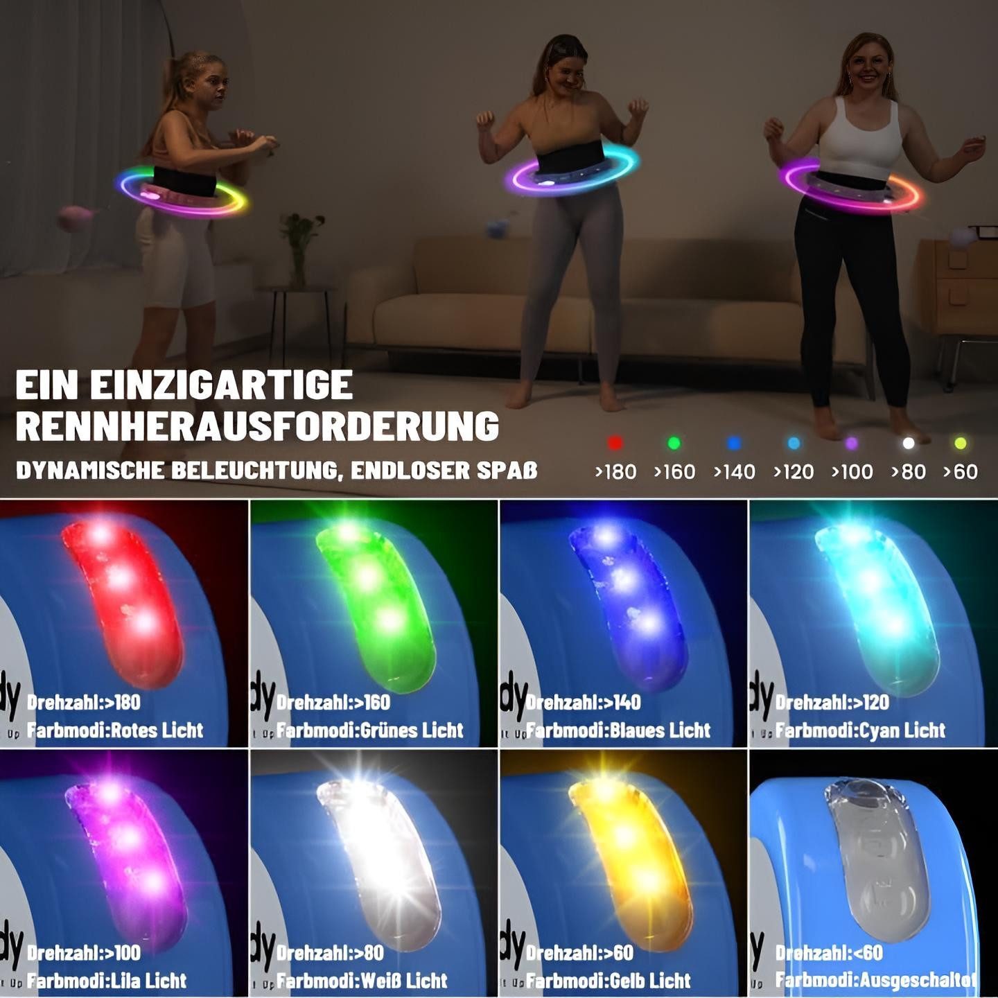 Diyarts Hula-Hoop-Reifen (Smart Hula Hoop), Smart Fitness Hoop TR002, LED, 60 dB leise, 18 Segmente, Akku