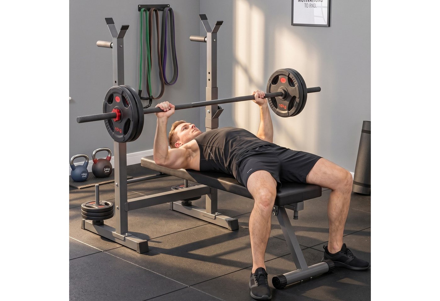 HOMCOM Hantelbank Hantelbank Verstellbar, Klappbar Trainingsbank mit Hantelablage, (Beinpresse, 1-tlg., Armauflage für Gewichtstraining), 140cm x 73cm x 122cm
