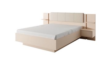Furnix Schlafzimmer-Set DASTI Bett mit Tischen und LED ohne Matratze 210x250 Beige, 210x256,4x104,4 c, Design & Funktionalität