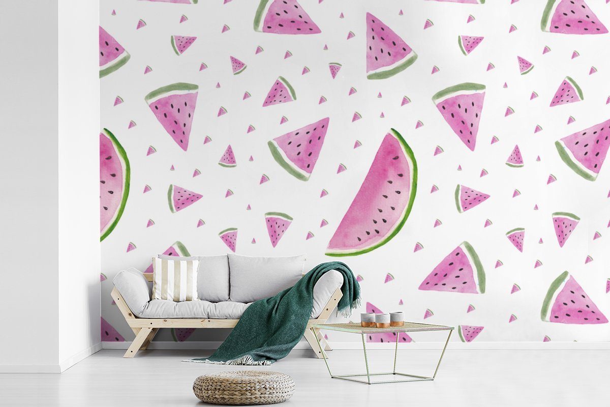 Wallpaper Tapete Kinderzimmer, Wohnzimmer, Vinyl Pastell, (6 Muster Fototapete Schlafzimmer, Wassermelone MuchoWow - Matt, für bedruckt, St), -