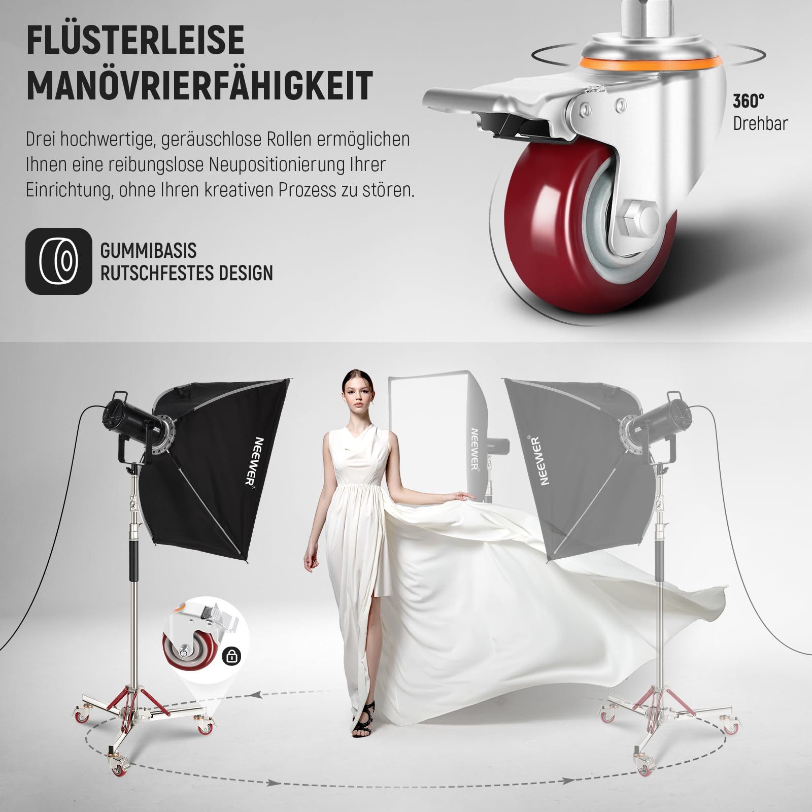 Neewer ST240SS Rollenstativ 305 cm, luftgepolsterter Lichtständer, Edelstahl Lampenstativ (höhenverstellbar 130-305 cm, Räderständer für Studioblitz Softbox)