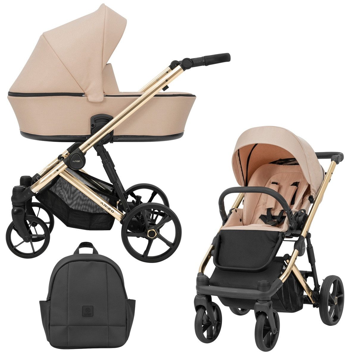 KUNERT Kombi-Kinderwagen ARIZO PREMIUM 2 in1 Kinderwagen mit goldenem Gestell und Zubehör, 5-Punkt-Gurt, verstellbare Rückenlehne, UV50-Sonnenschutz