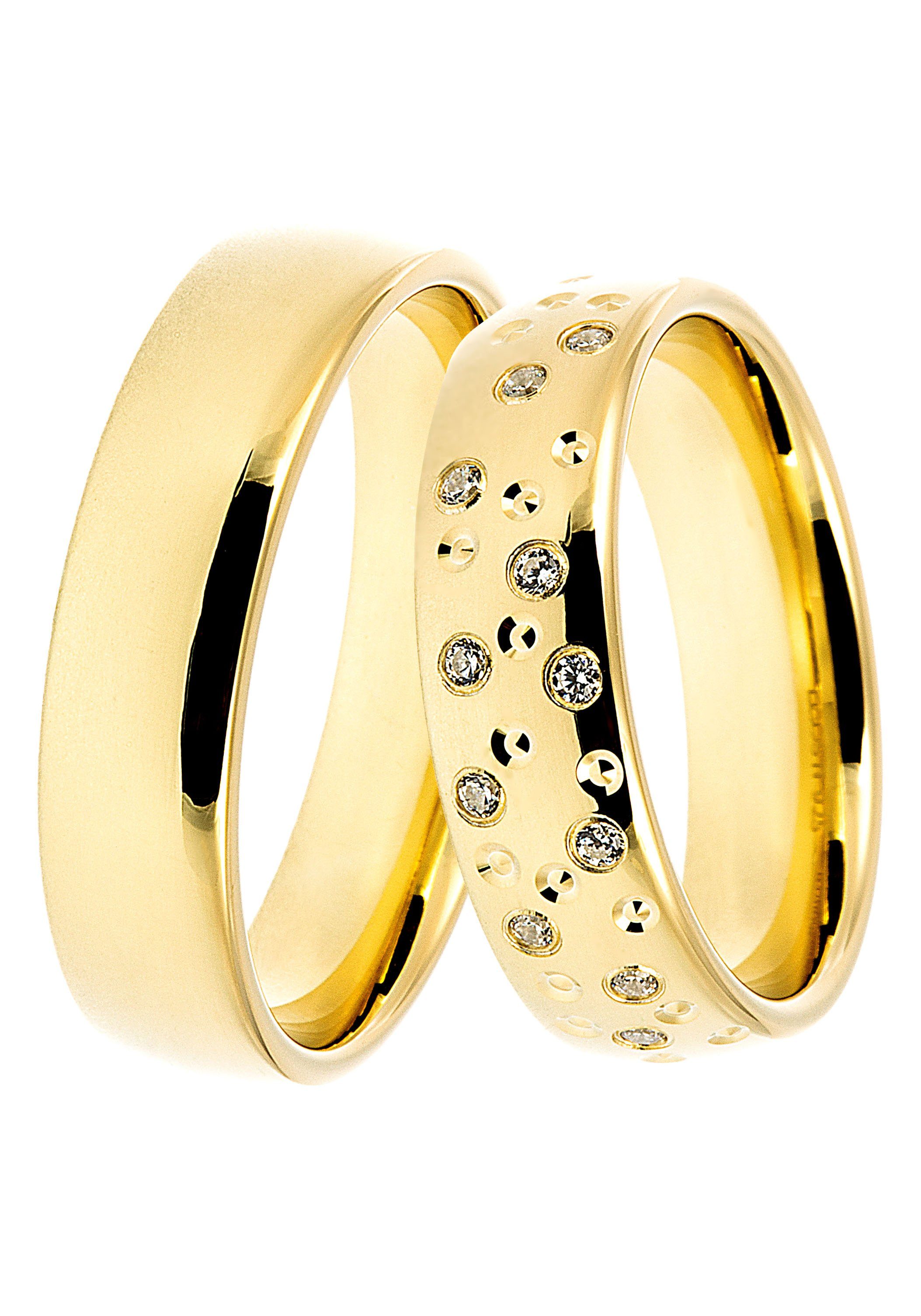 mit gelbgoldfarben Partnerring o. ohne DOOSTI Zirkonia Trauring Made Trauring LIEBE, in Germany, Geschenk Silber Schmuck 925 Ehering