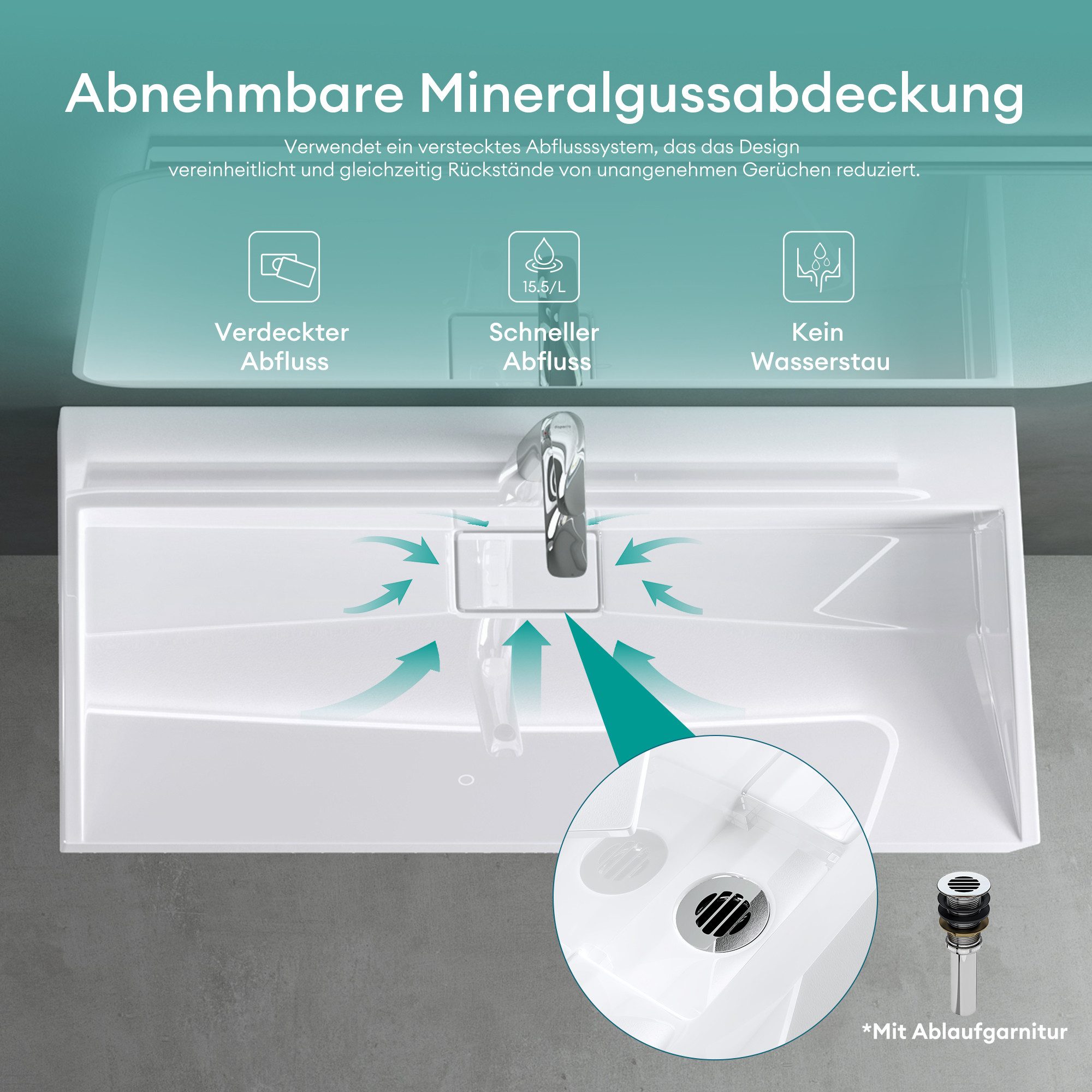 Mai & Mai Waschbecken mit Ablaufgarnitur Waschtisch Mineralguss Hänge-Aufsatzwaschbecken