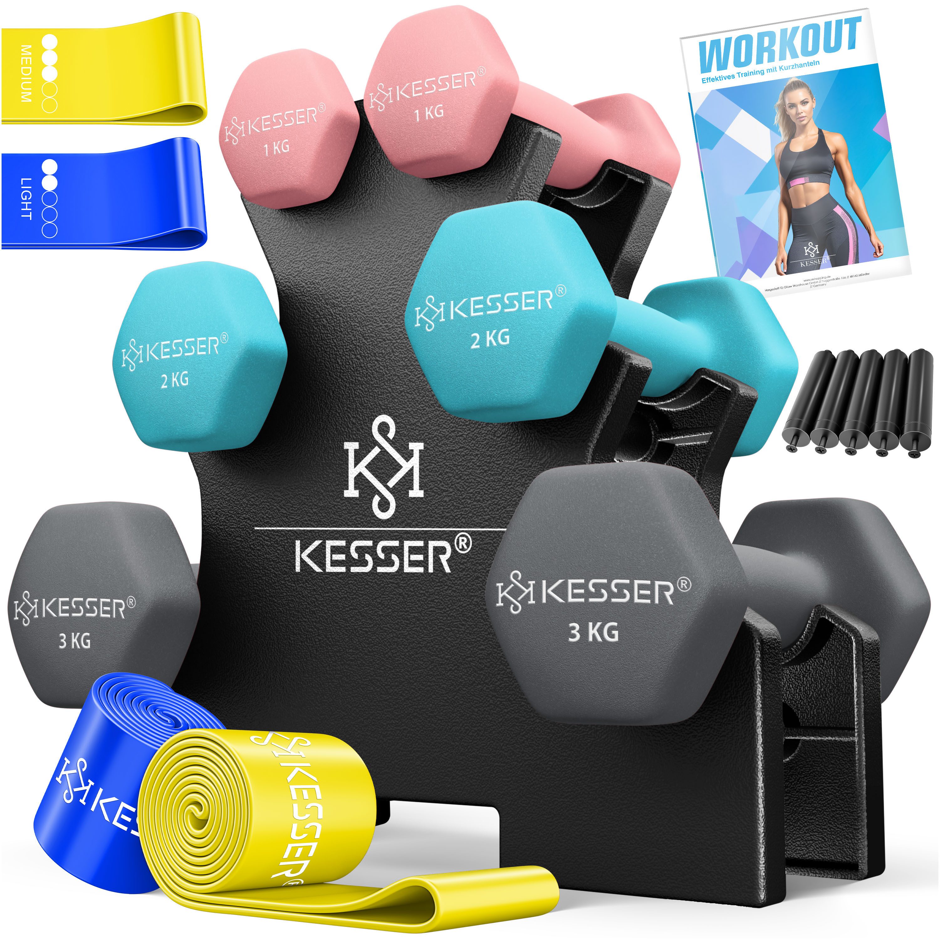 KESSER Hantel-Set, (12 kg Set 2 x (1+2+3)kg), Kurzhantel Gymnastikhanteln mit Ständer Aufbewahrung