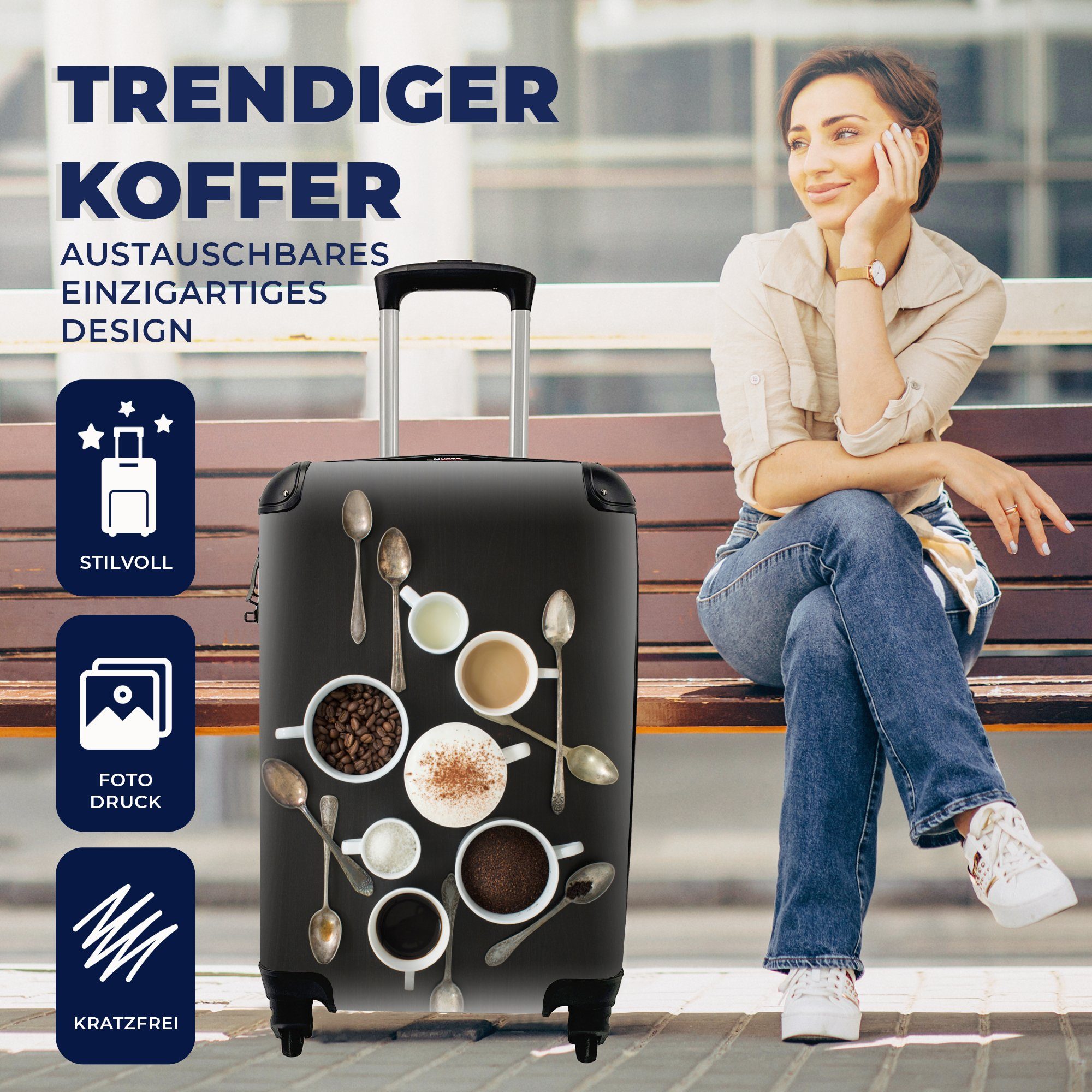 Ein Handgepäck Trolley, rollen, von Reisetasche Blick Kaffee, Inhaltsstoffe MuchoWow 4 auf von Rollen, mit oben Handgepäckkoffer Reisekoffer Ferien, die für