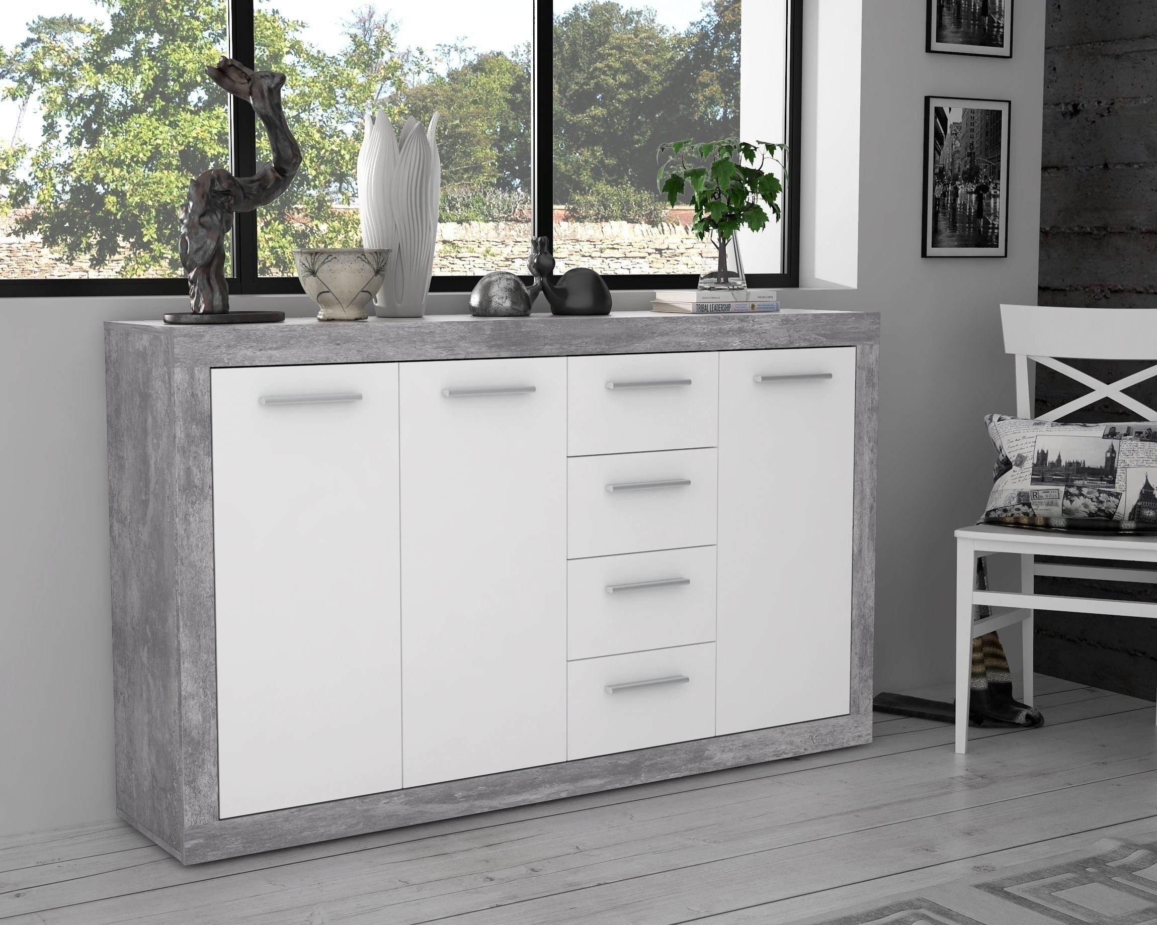 PREISBRECHER Sideboard BACCIO, 3 Türen, 4 Schübe, Betonoptik grau / Weiss - günstig online kaufen