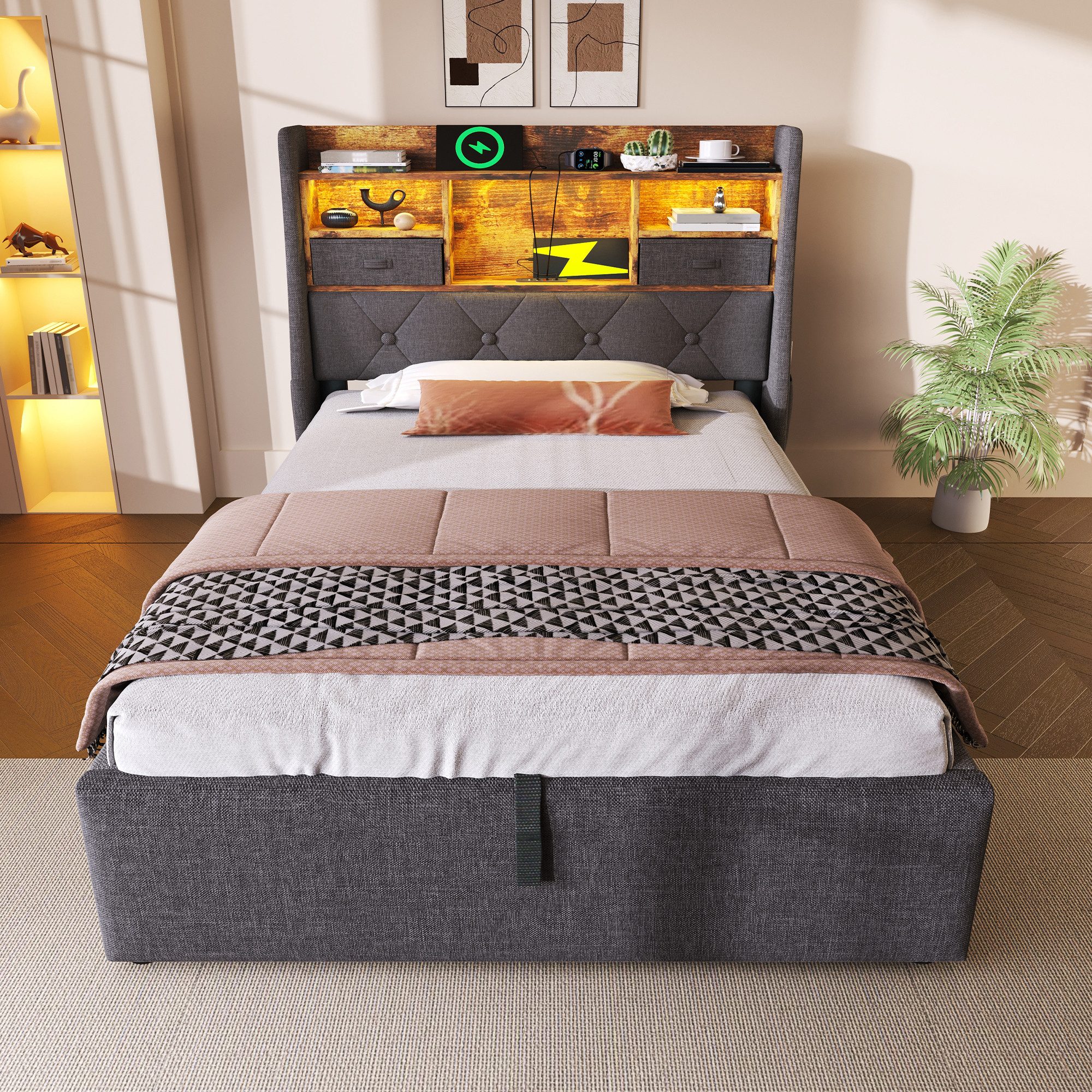 Odikalo Polsterbett Stauraumbett mit Bettkasten LED und Ladestation (90x200 günstig online kaufen