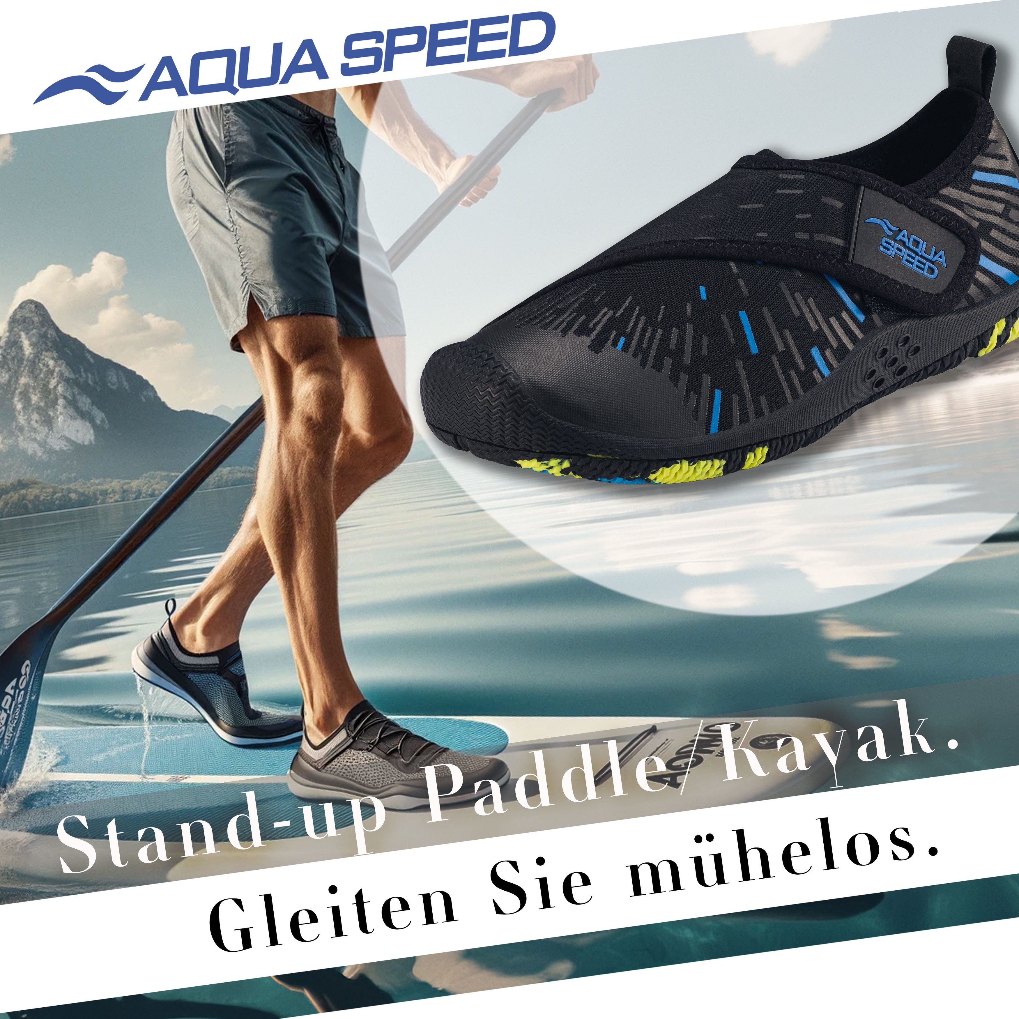 Aqua Speed Tegu Schwimmschuhe Gr. 35 – Schwarz/Blau mit Handtuchbeilage Wasserschuh (Rutschfeste Schuhe für See, Fluss & Freizeitbad) Trittsicher & flexibel – für Dusche, Steg & Strandpromenade