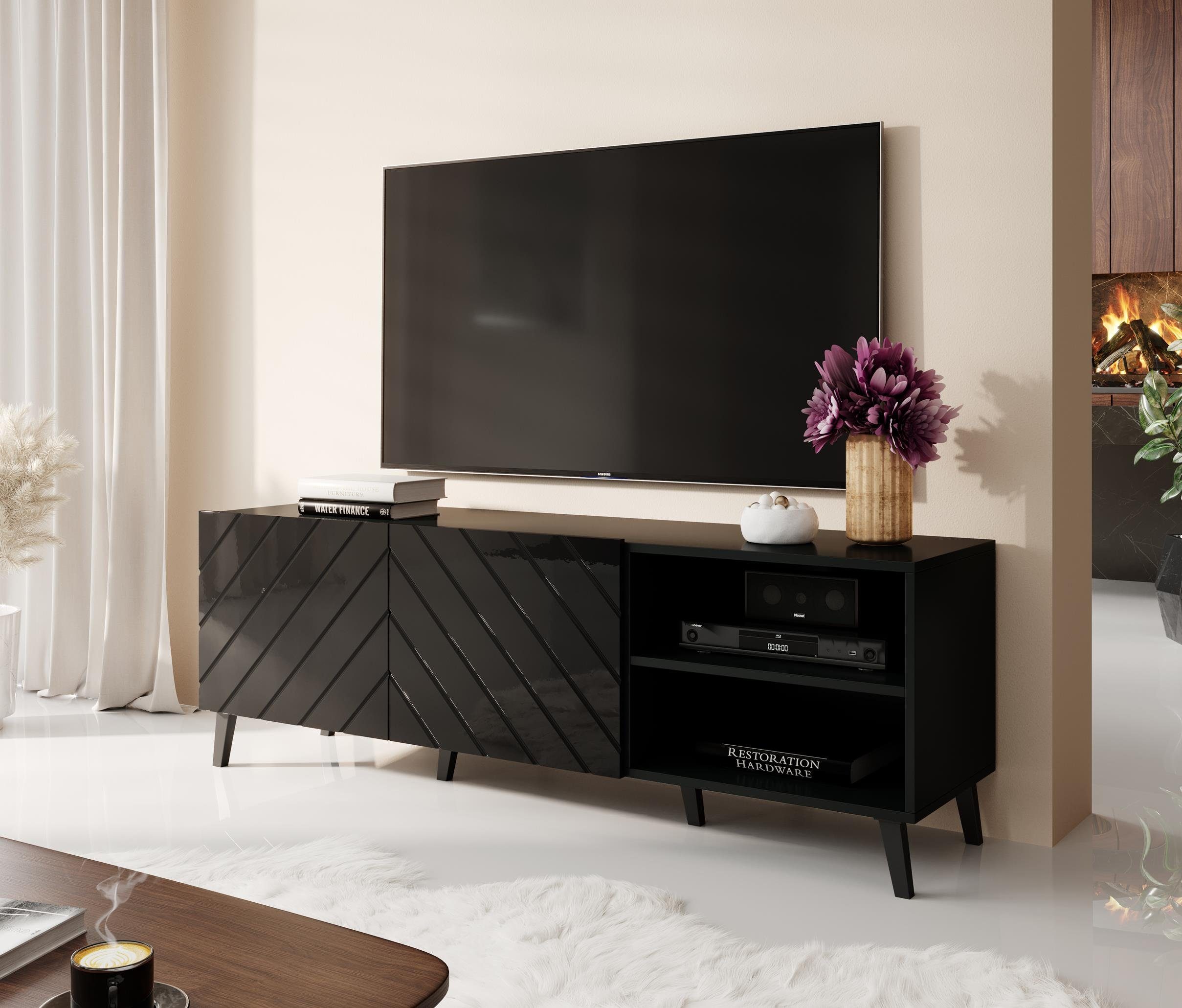 Furnix TV-Schrank ODELIA 150 Lowboard Fernsehschrank mit Ziertüren Auswahl B150 bzw. 200 x H52 x T41,6 cm Schwarz Glanz