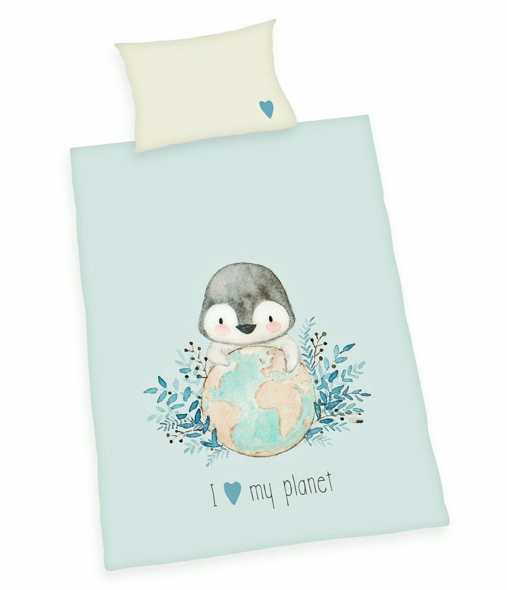 Herding Babybettwäsche 100x135cm Pinguin I love my planet, Renforcé, 2 teilig, süßes Pinguin-motiv, Erde, Zweige, Wendeoptik Reißverschluss