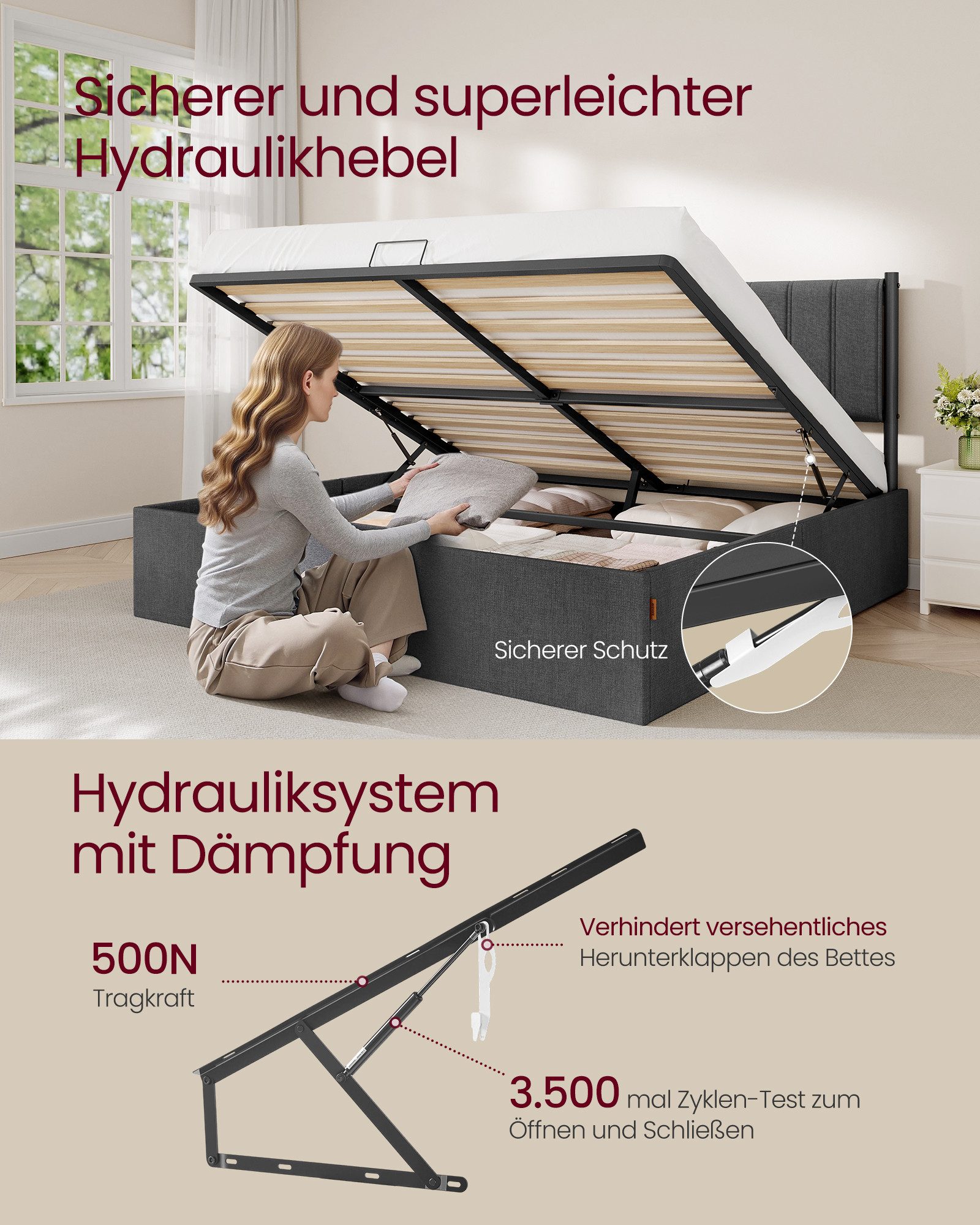 VASAGLE Polsterbett, Bettrahmen, klappbar Lattenrost, Stauraum, in 3 Größen verfügbar