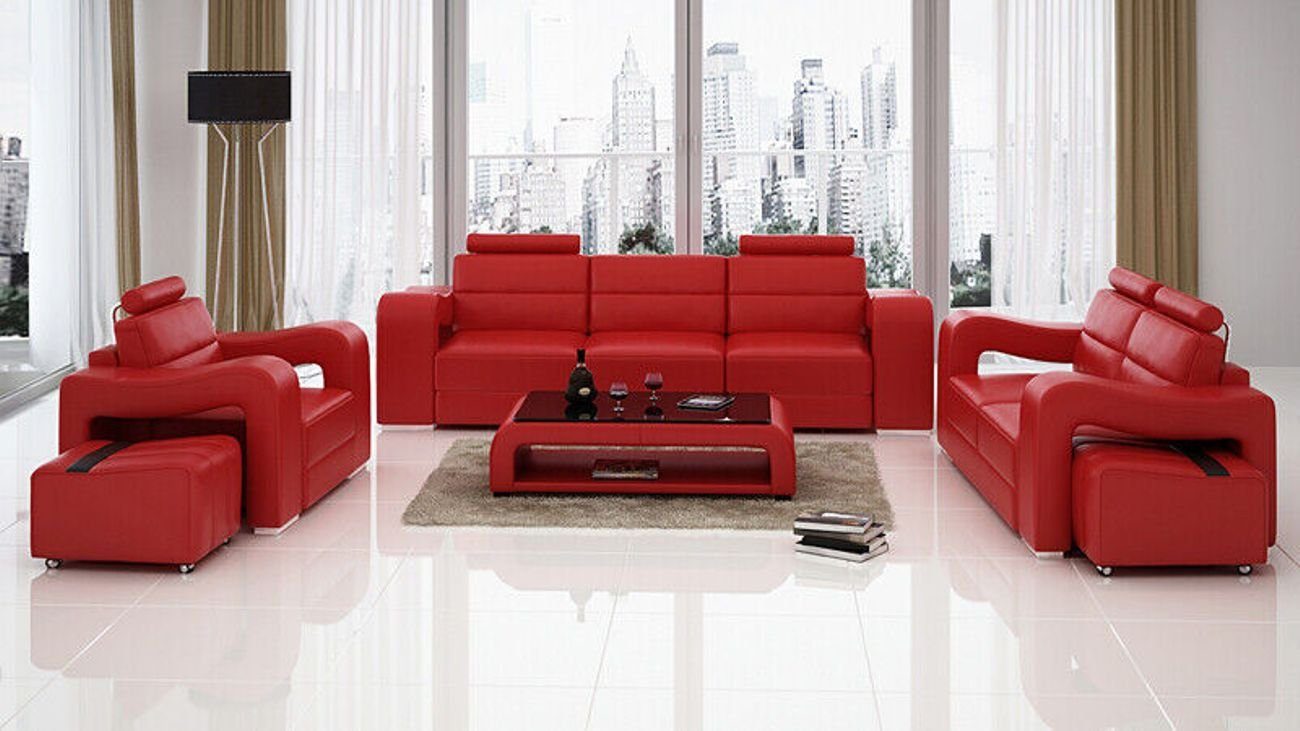 JVmoebel Wohnzimmer-Set (4-St) Wohnlandschaft 3+2+1, Leder Garnitur Sofa Couchen Polster Sofas mit Rot USB