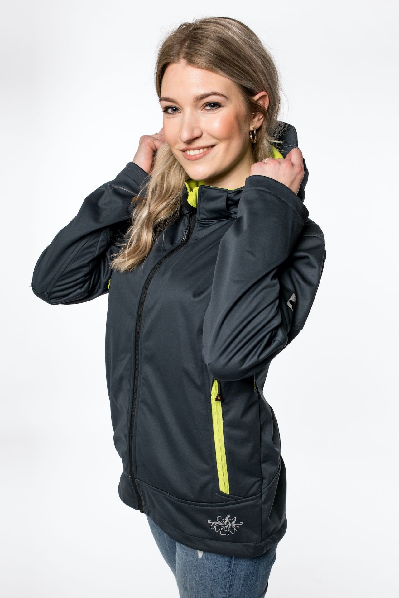 Ventialtionsreißverschlüsse, in Peak erhältlich, Kapuze WOMEN Active Größen DEPROC abnehmbarer CS NEW Softshelljacke Auch Großen Downton mit anthracite