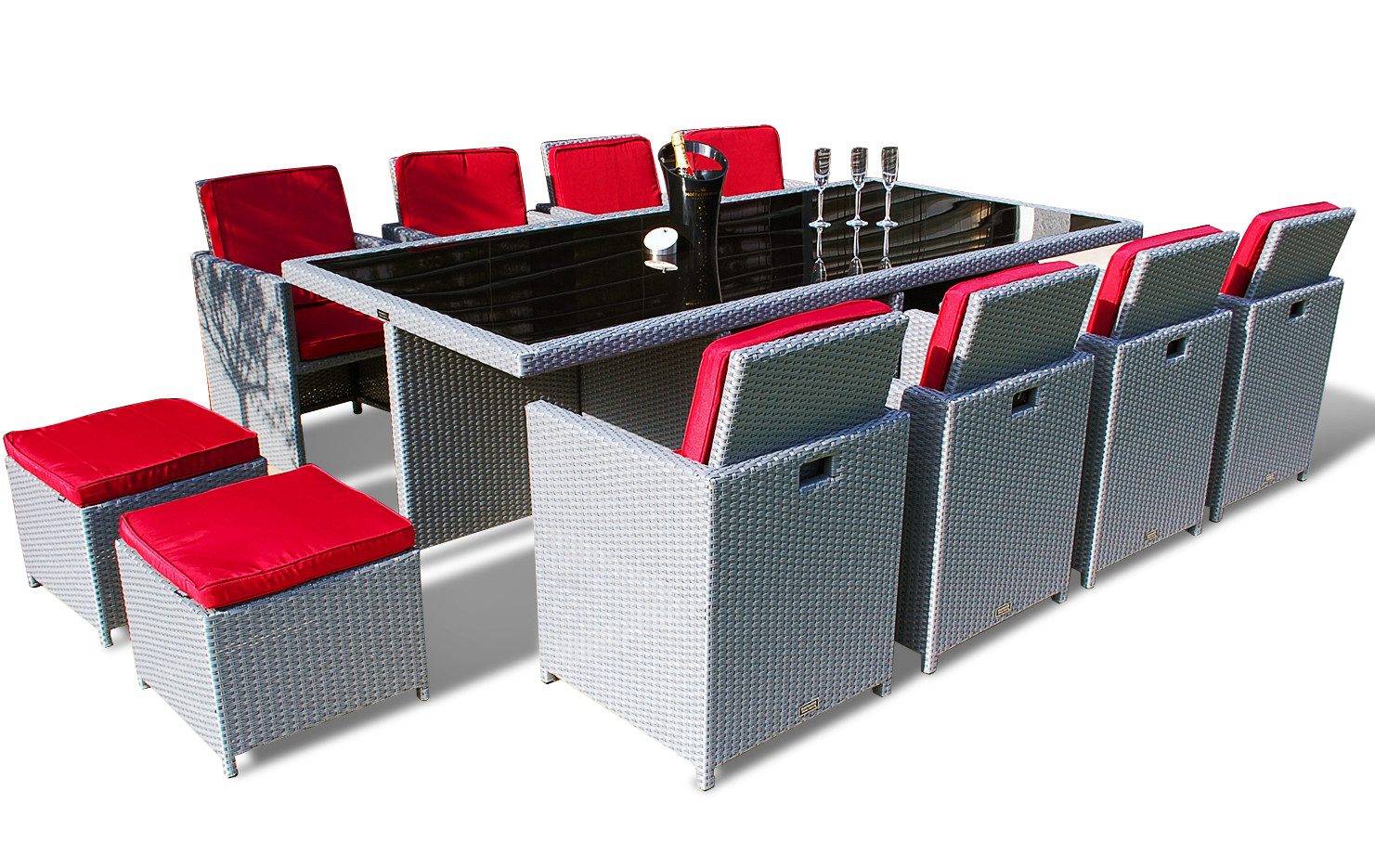 Ragnarök Мебель-Design Garten-Essgruppe Heimdall Esstisch Set 8+4, (Set, Polyrattan, Alu), Würfelsystem, klappbare Rückenlehne