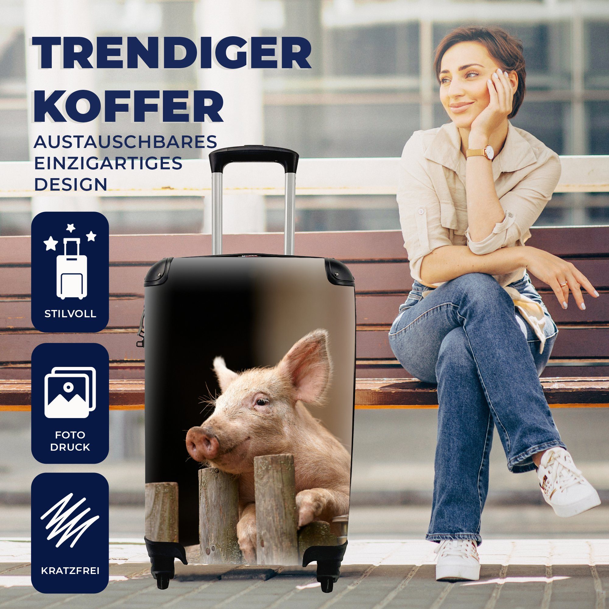 Tier 4 Trolley, Handgepäck Zaun, Rollen, Ferien, - - MuchoWow Schwein rollen, Reisetasche für Handgepäckkoffer mit Reisekoffer