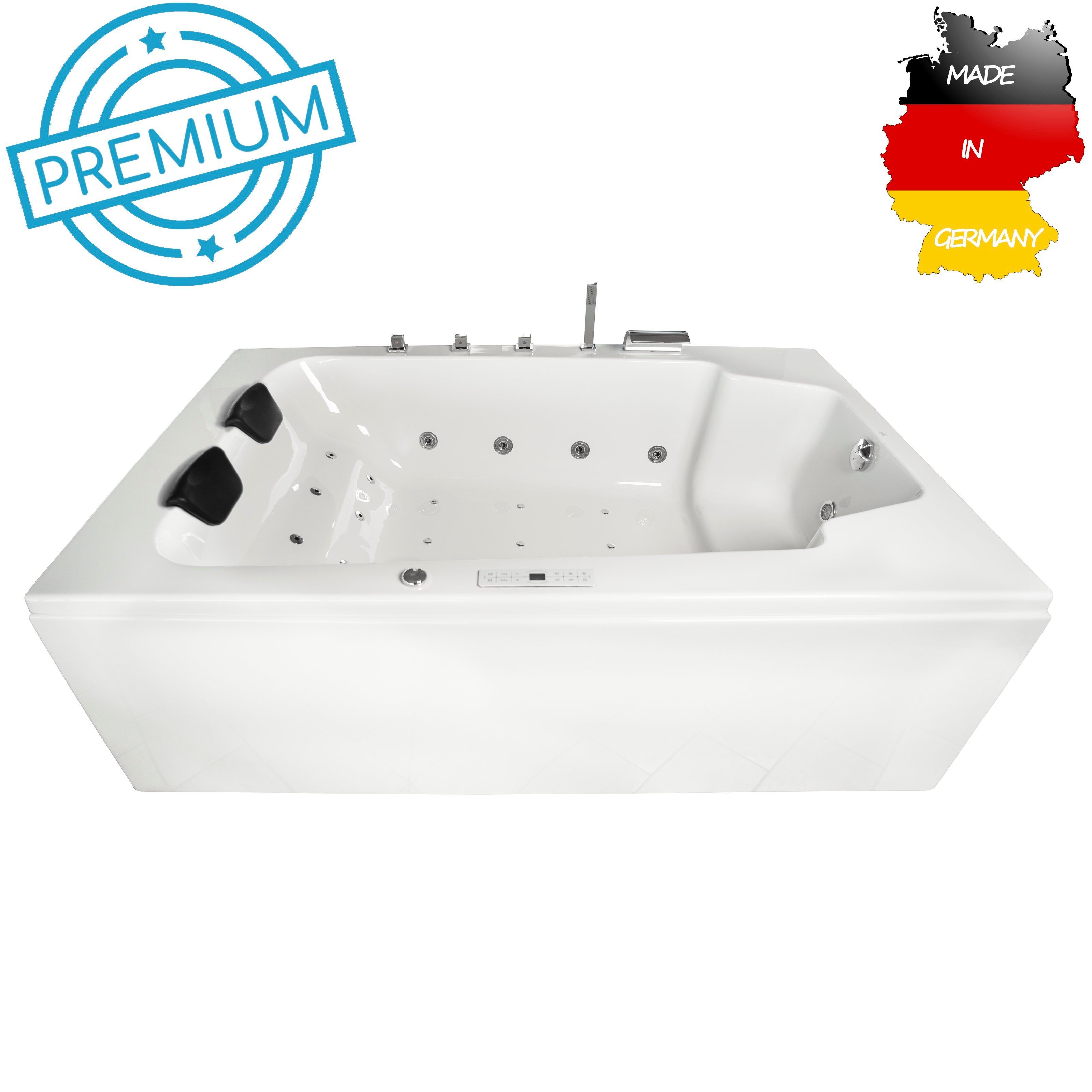 Basera® Whirlpool-Badewanne PREMIUM Indoor Whirlpool Badewanne XXL Milos 190 x 120 cm für 2 Pers., (Komplett-Set), mit 28 Massagedüsen, Heizung, Ozongenerator, Bodenansaugung, Wasser...