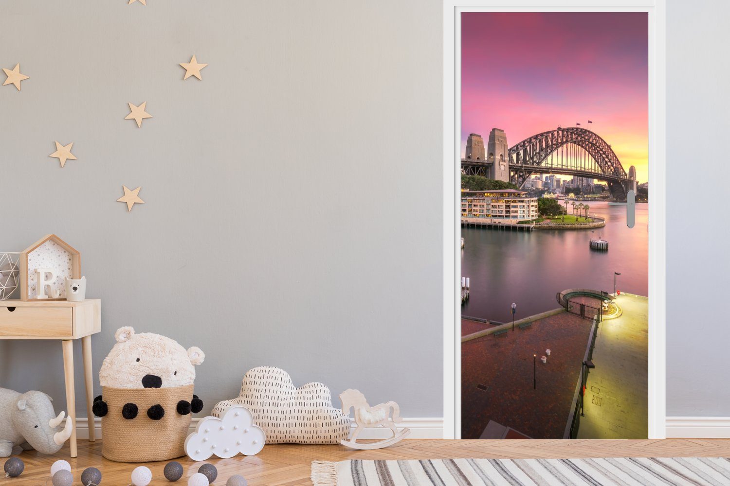(1 St), Sydney Türaufkleber, Australien, MuchoWow cm Bridge bedruckt, Matt, der für Tür, Fototapete hinter Türtapete Harbour Sonnenaufgang in 75x205