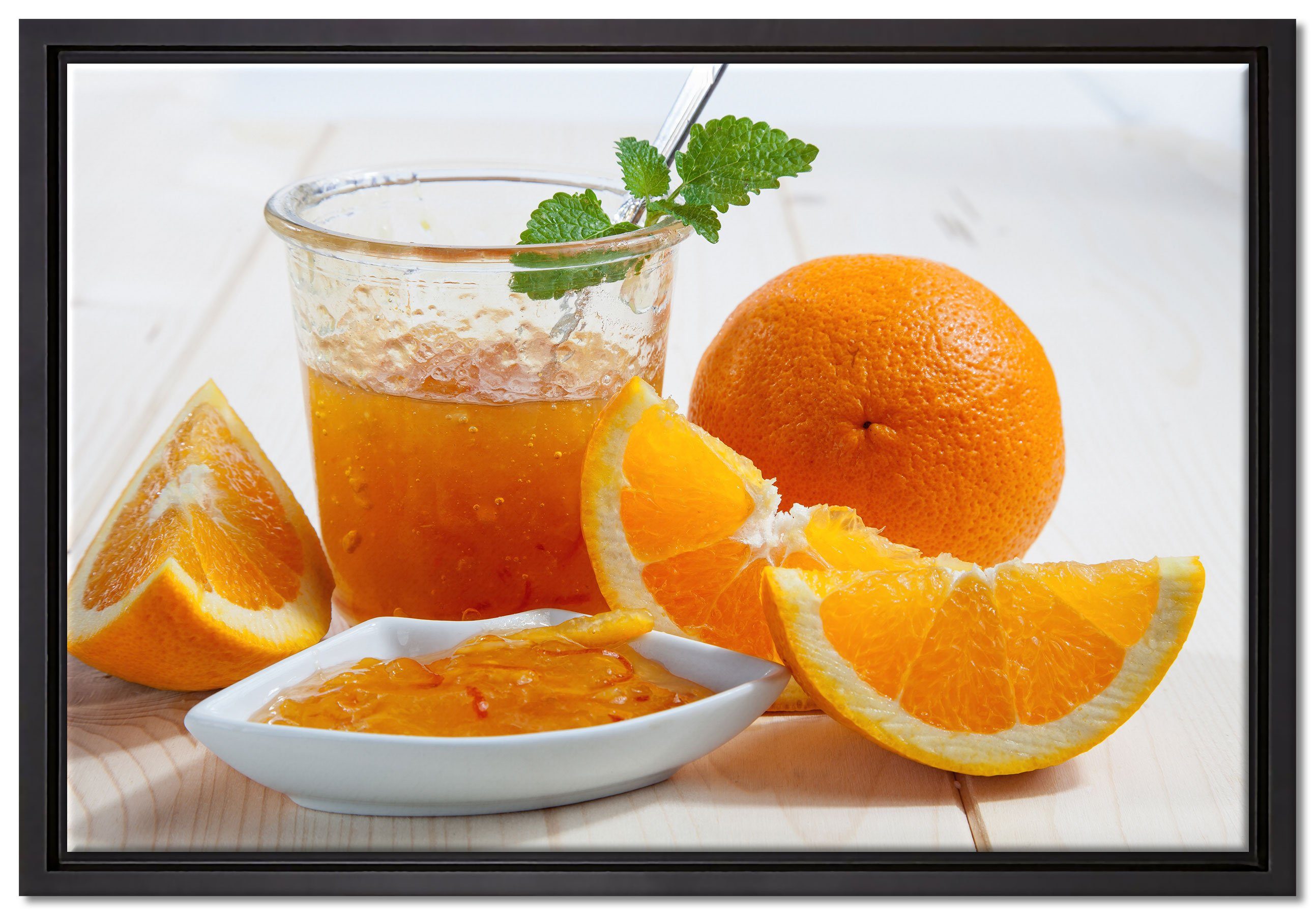 Pixxprint Leinwandbild Frische Orangenmarmelade, Wanddekoration (1 St), Leinwandbild fertig bespannt, in einem Schattenfugen-Bilderrahmen gefasst, inkl. Zackenaufhänger