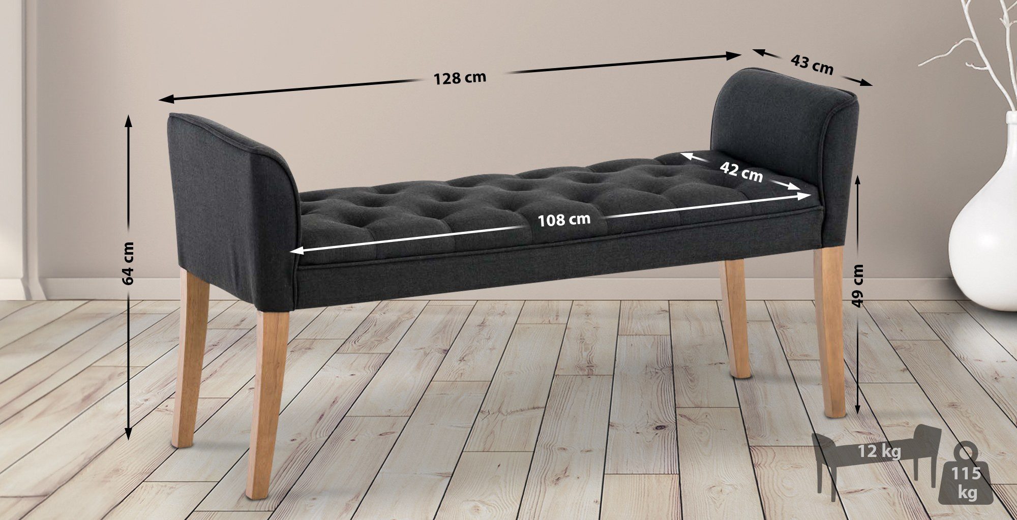 CLP Sitzbank Cleopatra, mit Stoff-Bezug, Gestell aus Kautschukholz