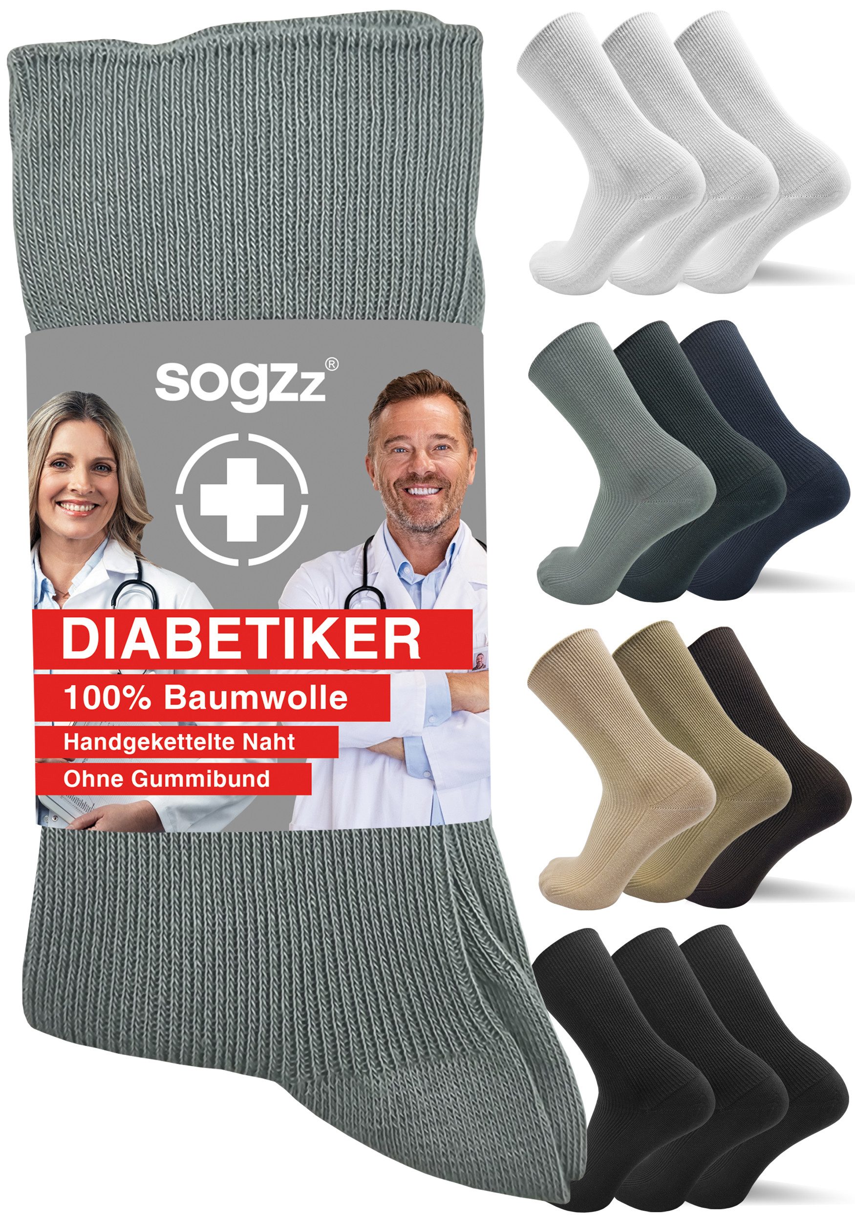 sogzz Diabetikersocken 6-12 Paar Herren 100% Baumwolle ohne Gummi ohne Naht Diabetiker Socken (Ohne Gummibund, 6-Paar)