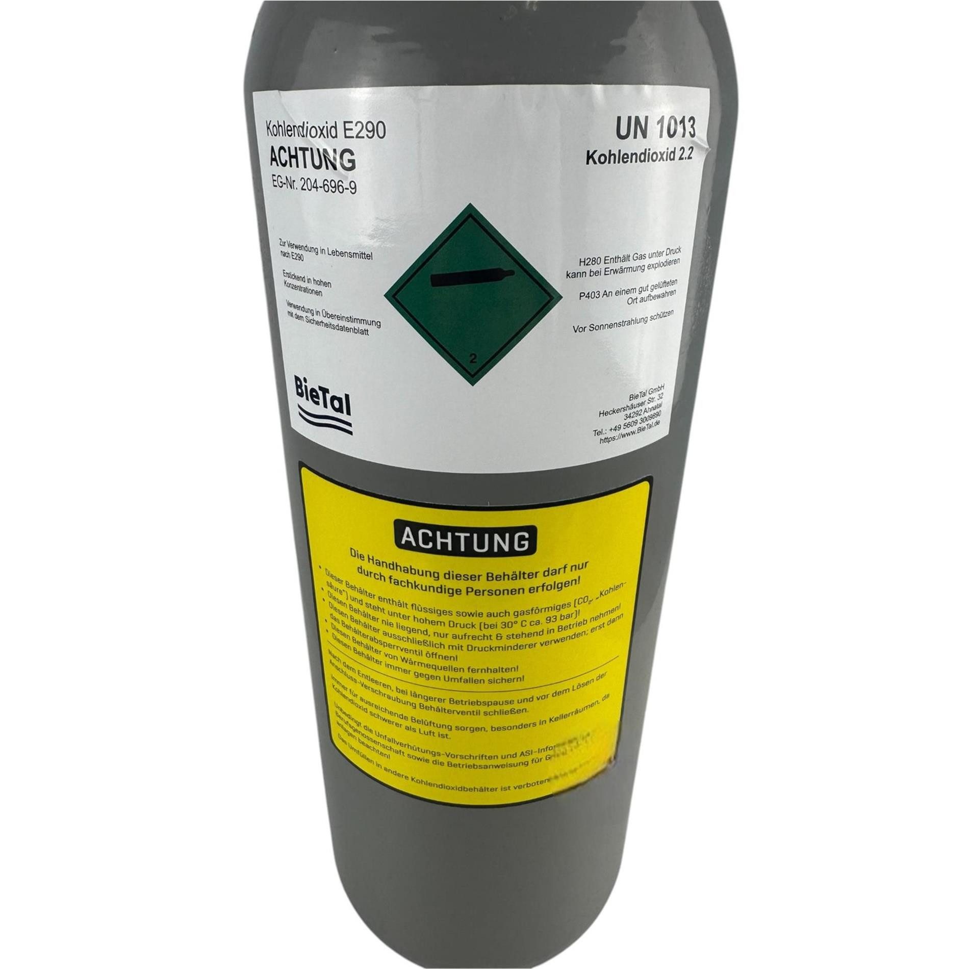BieTal Gaskartusche CO2 Kohlensäureflasche Flasche Stahl BieTal® Getränke gefüllt 2kg E290, Zubehör für Zapfanlagen, 2 KG Kohlensäure für Lebensmittel nach E290 – Bild 2 von 3