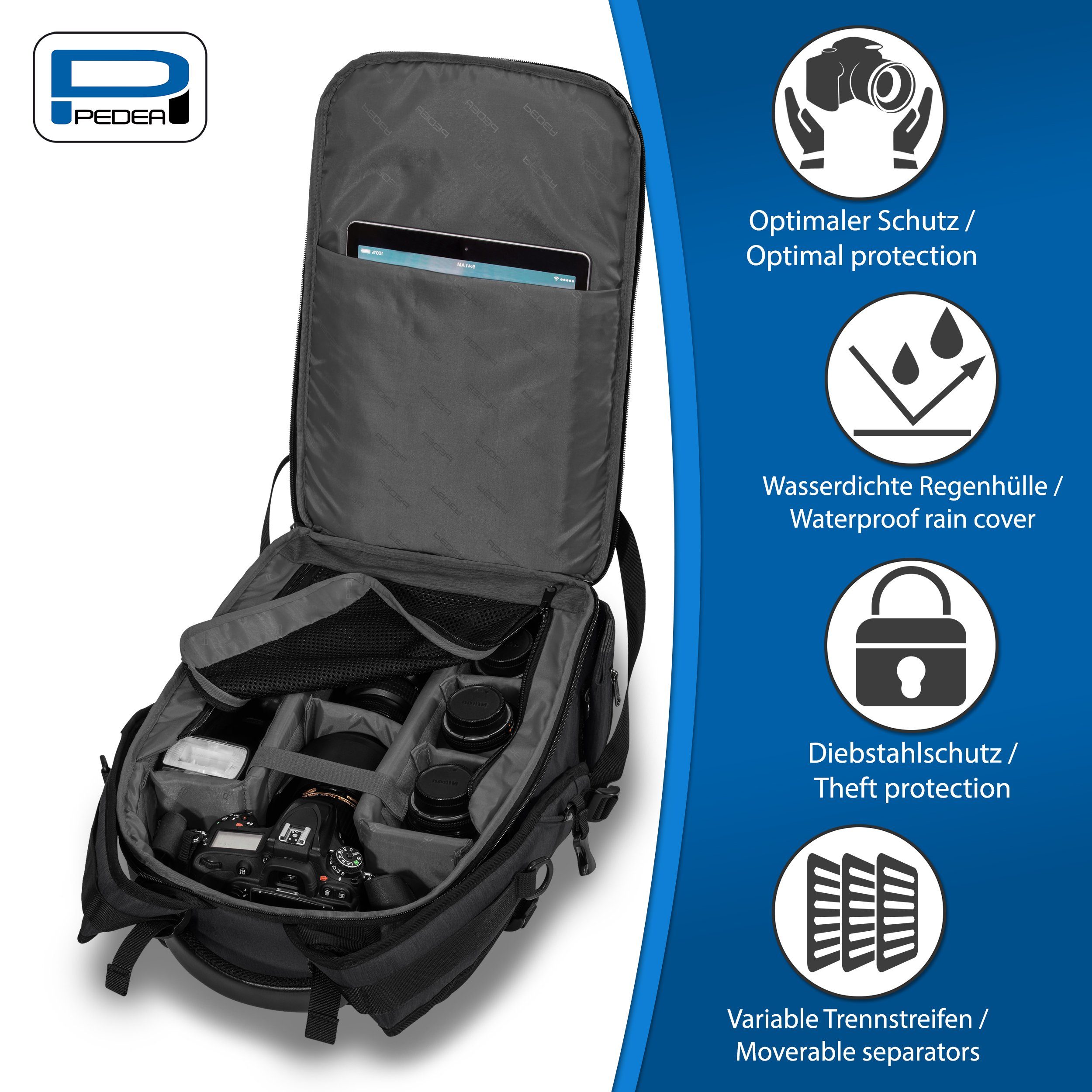 PEDEA Fotorucksack NOBLE Kamerarucksack mit variabler Inneneinteilung und viel Stauraum, Mit Regenschutz, variabler Inneneinteilung und viel Stauraum