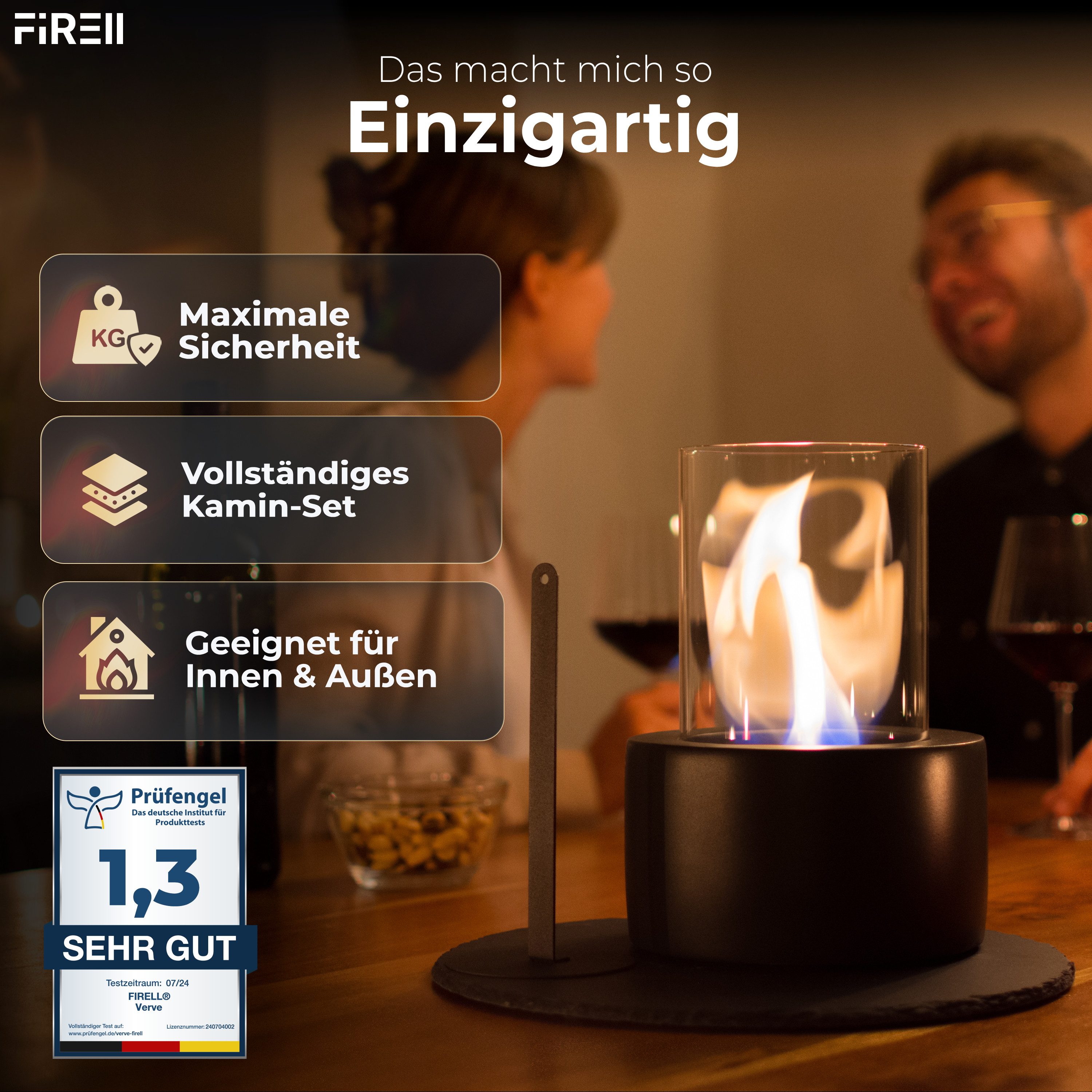 FIRELL Tischfeuer Ethanol Tischkamin Indoor & Outdoor Echtfeuer-Dekokamin (aus massivem Beton, Komplett-Set), Verstellbare Flamme, 3,2 kg Beton, 3h Brenndauer, TÜV Geprüft