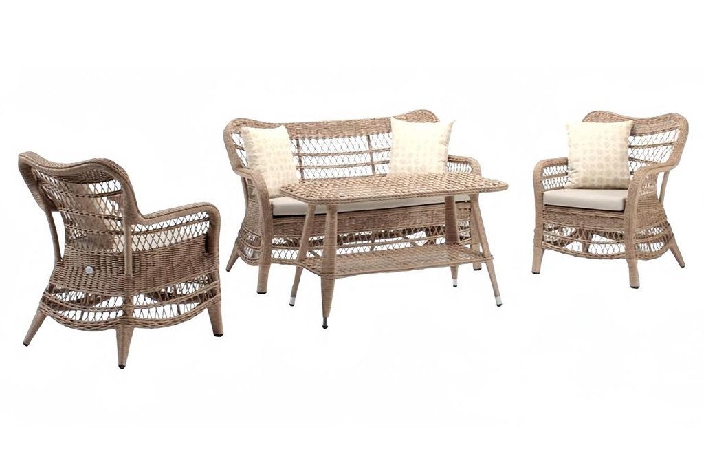 JVmoebel Sitzgruppe Beige Gartenmöbel Sofagarnitur mit Tisch, Hocker und Sesseln, (4tlg Set(Sofa 2 Sitzer+2x Sessel+Couchtisch), Made in Europa