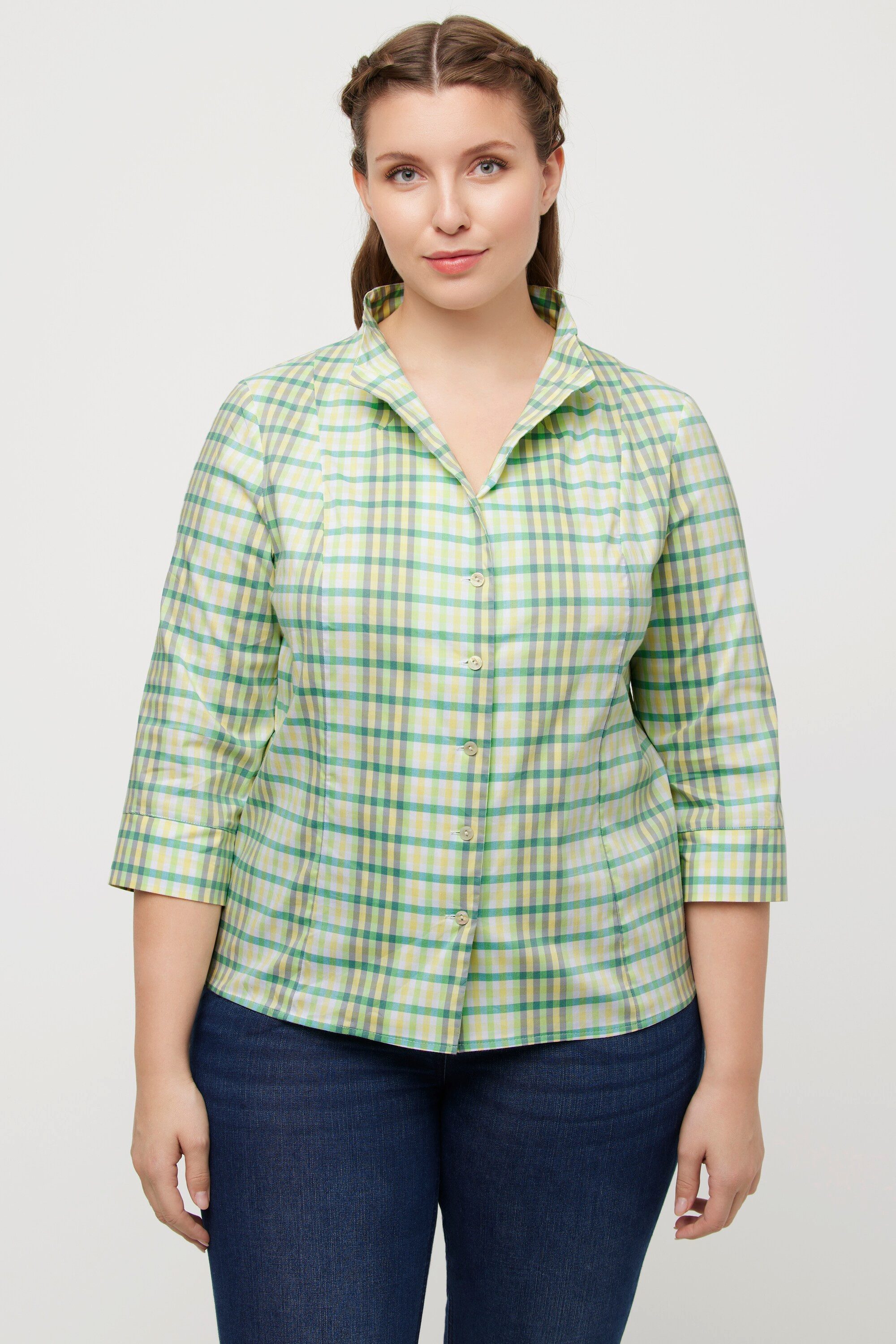Longbluse Bluse Karo Slim Kelchkragen V-Ausschnitt 3/4-Arm