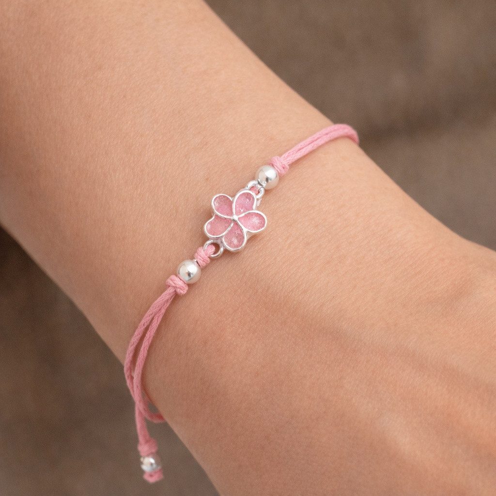 DUR Armband A1989 Plumeria Blüte 925 Silber rosa Steinsand Baumwollband rosa