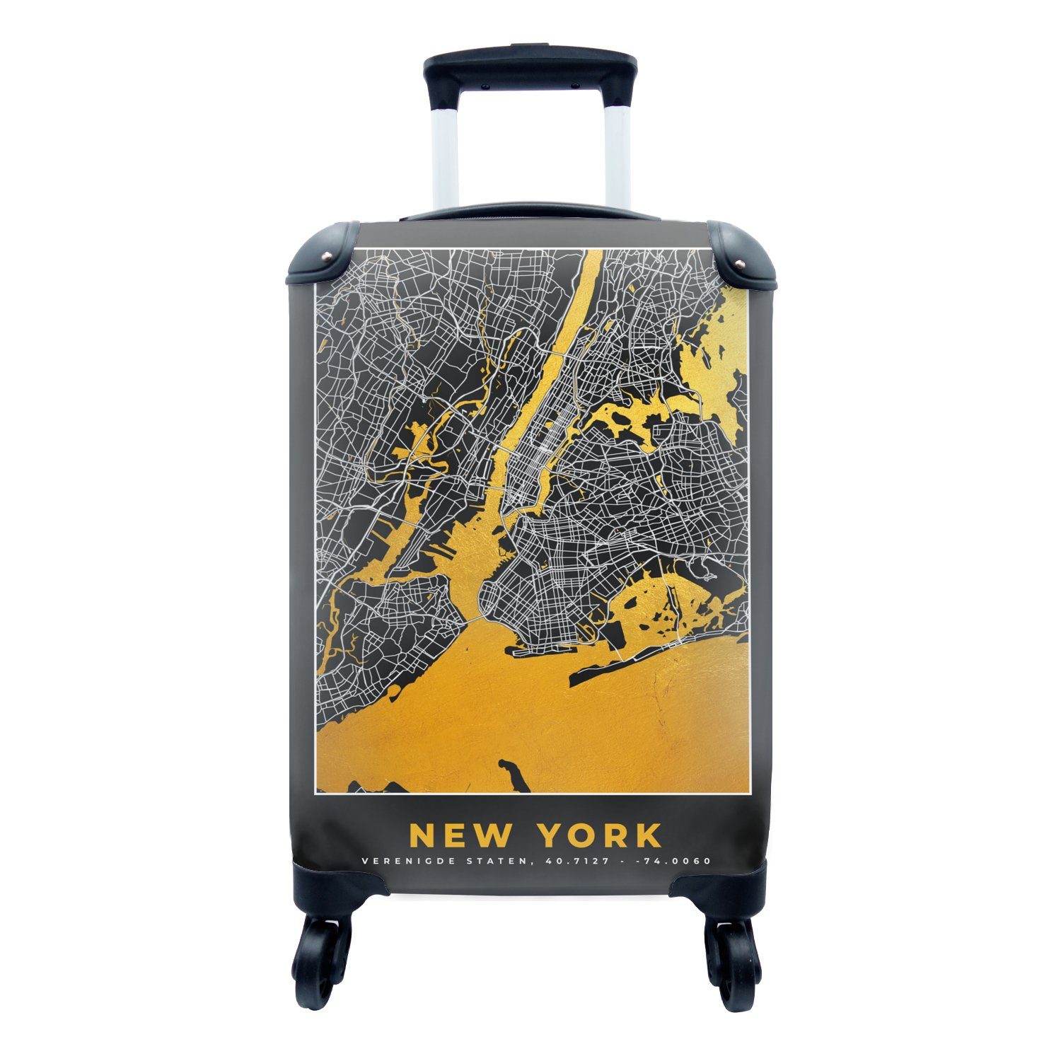 MuchoWow Handgepäckkoffer New York - Stadtplan - Gold - Karte, 4 Rollen, Reisetasche mit rollen, Handgepäck für Ferien, Trolley, Reisekoffer