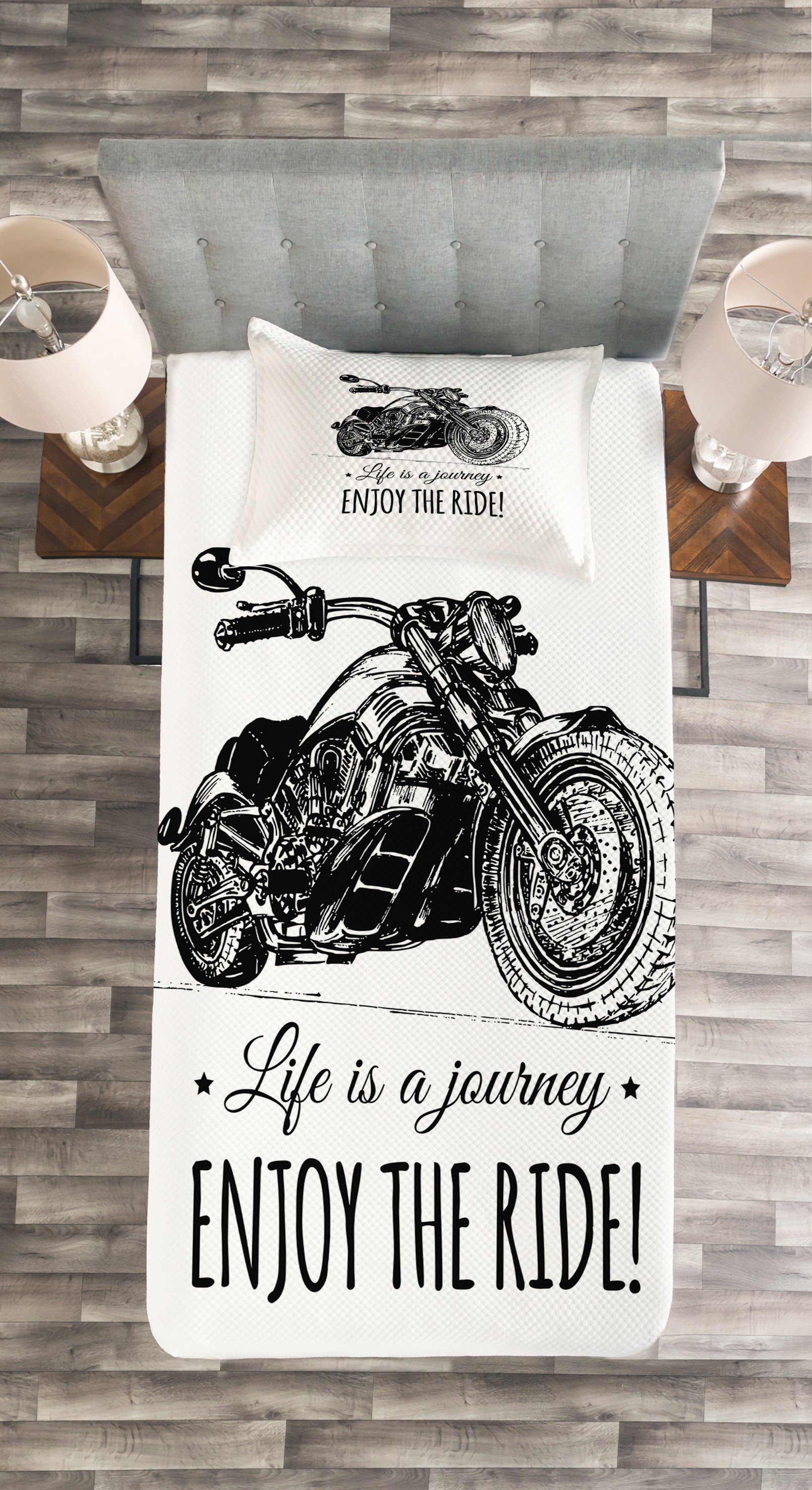 Set Waschbar, Tagesdecke mit Fahrt die Genießen Abakuhaus, Handgezeichnete Sie Kissenbezügen Motorrad