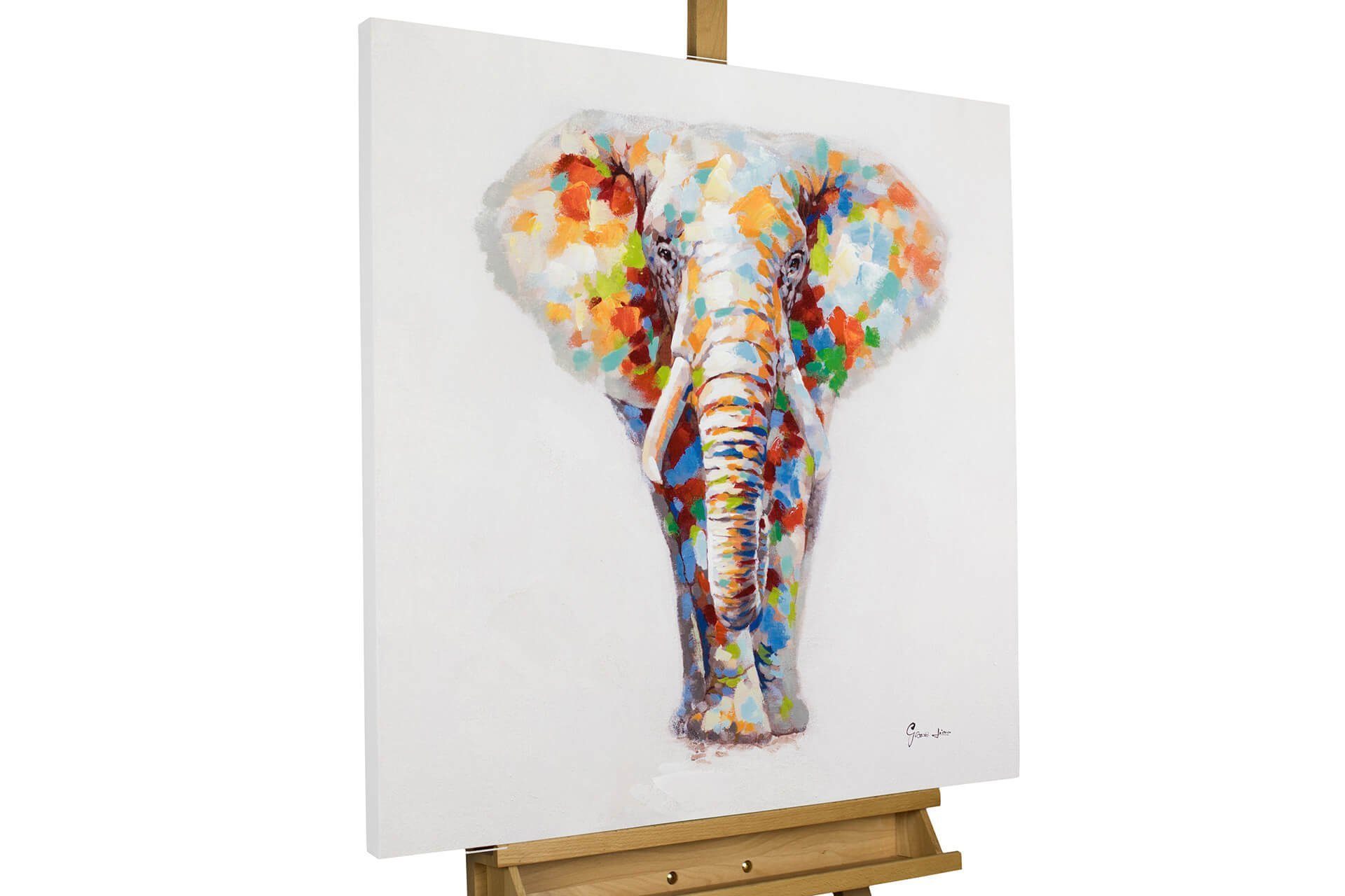 KUNSTLOFT Gemälde Sanftmütiger Elefant 80x80 cm, Leinwandbild 100% HANDGEMALT Wandbild Wohnzimmer